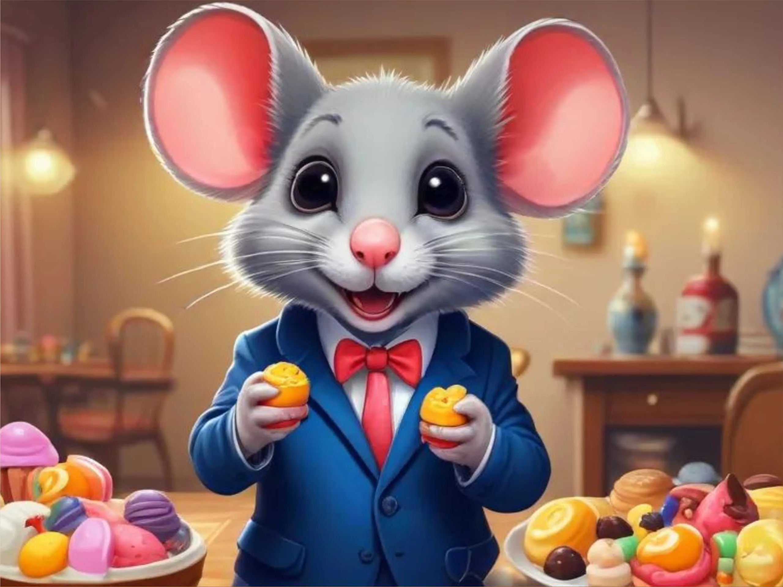 cartoon image of a mouse wearing suit eating sweets