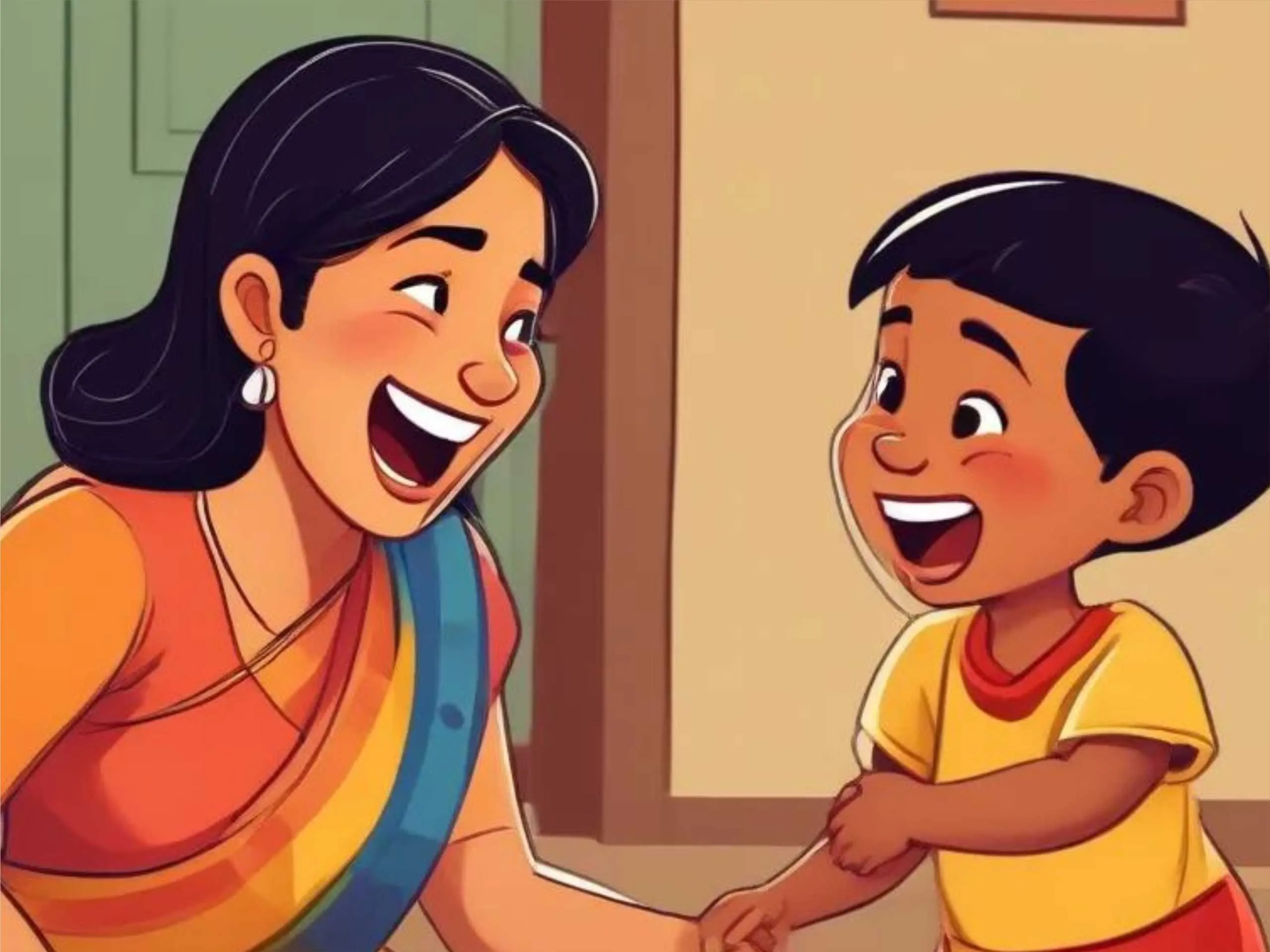 cartoon image of a woman and kid laughing