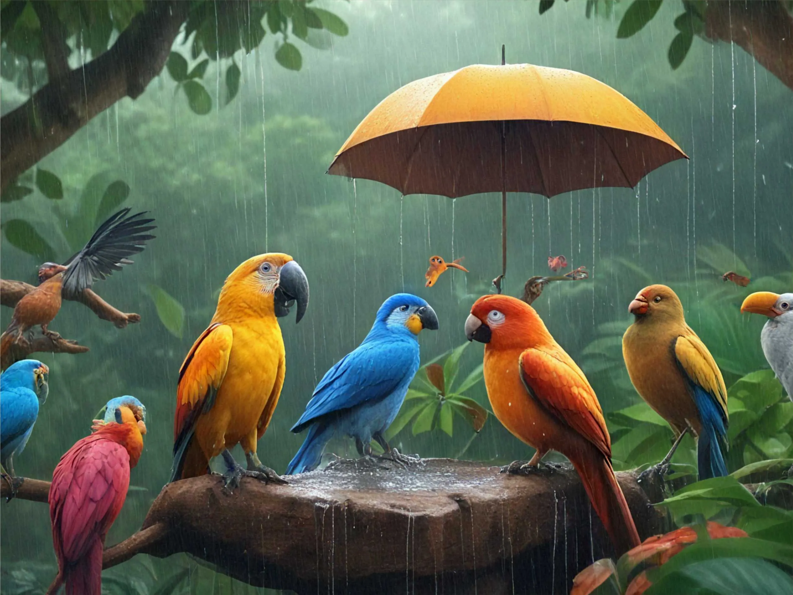 cartoon image of jungle birds in rain