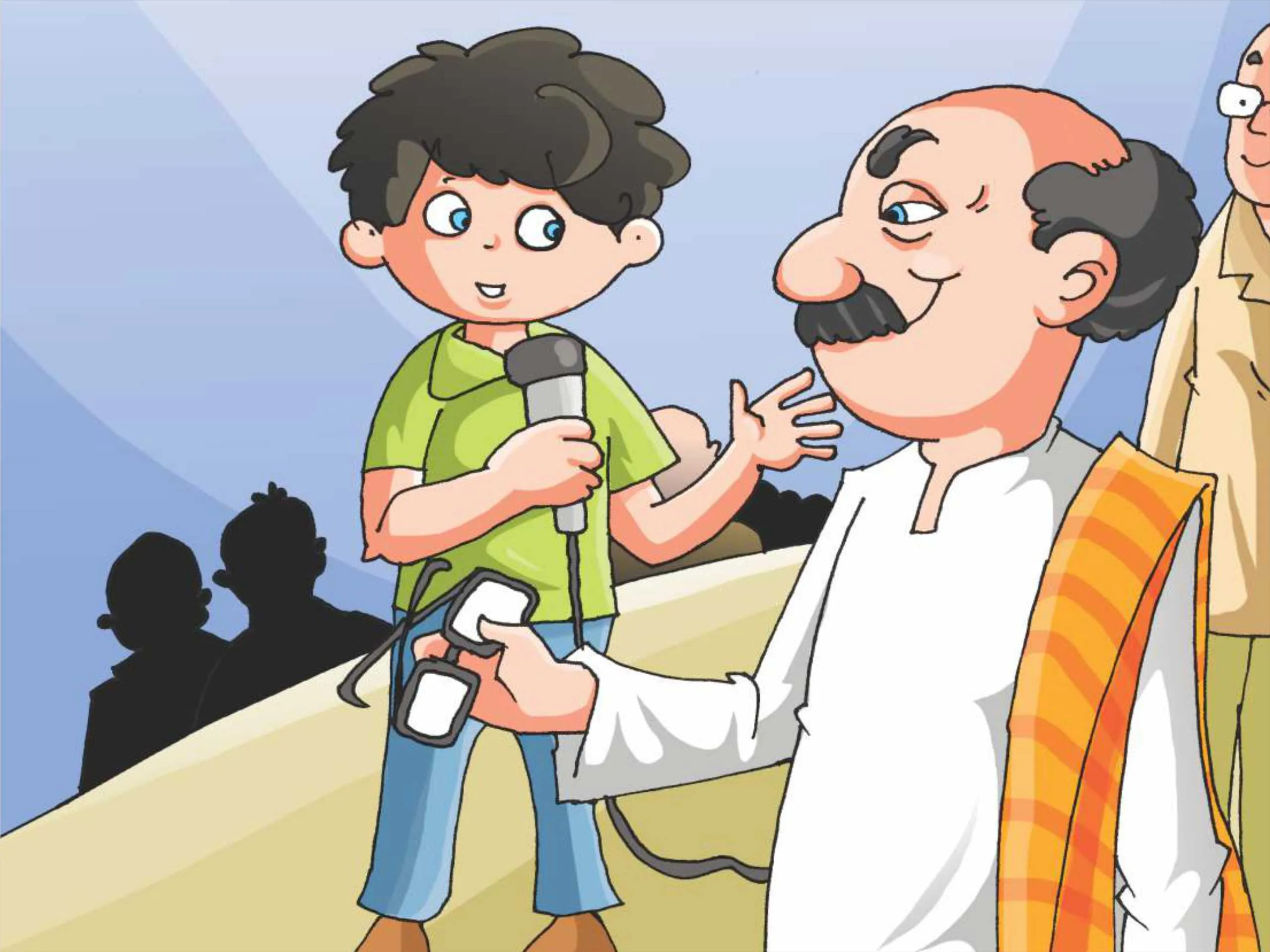 Student with his teacher on stage cartoon image