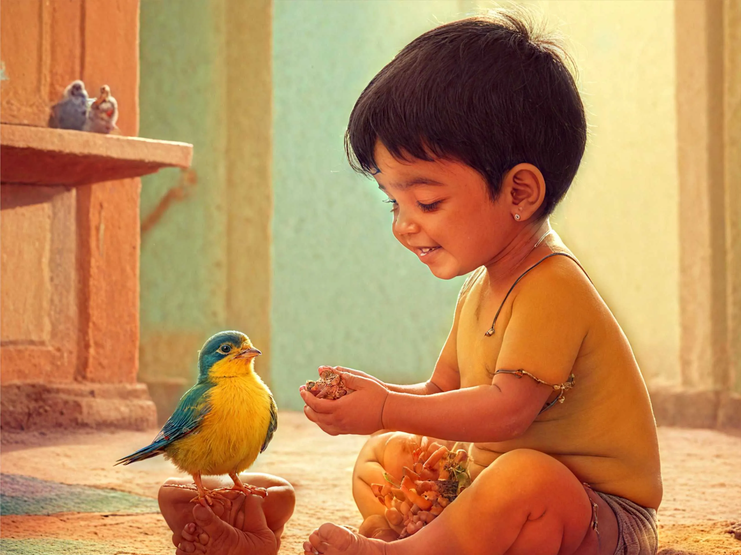 cartoon image of a kid playing with a bird