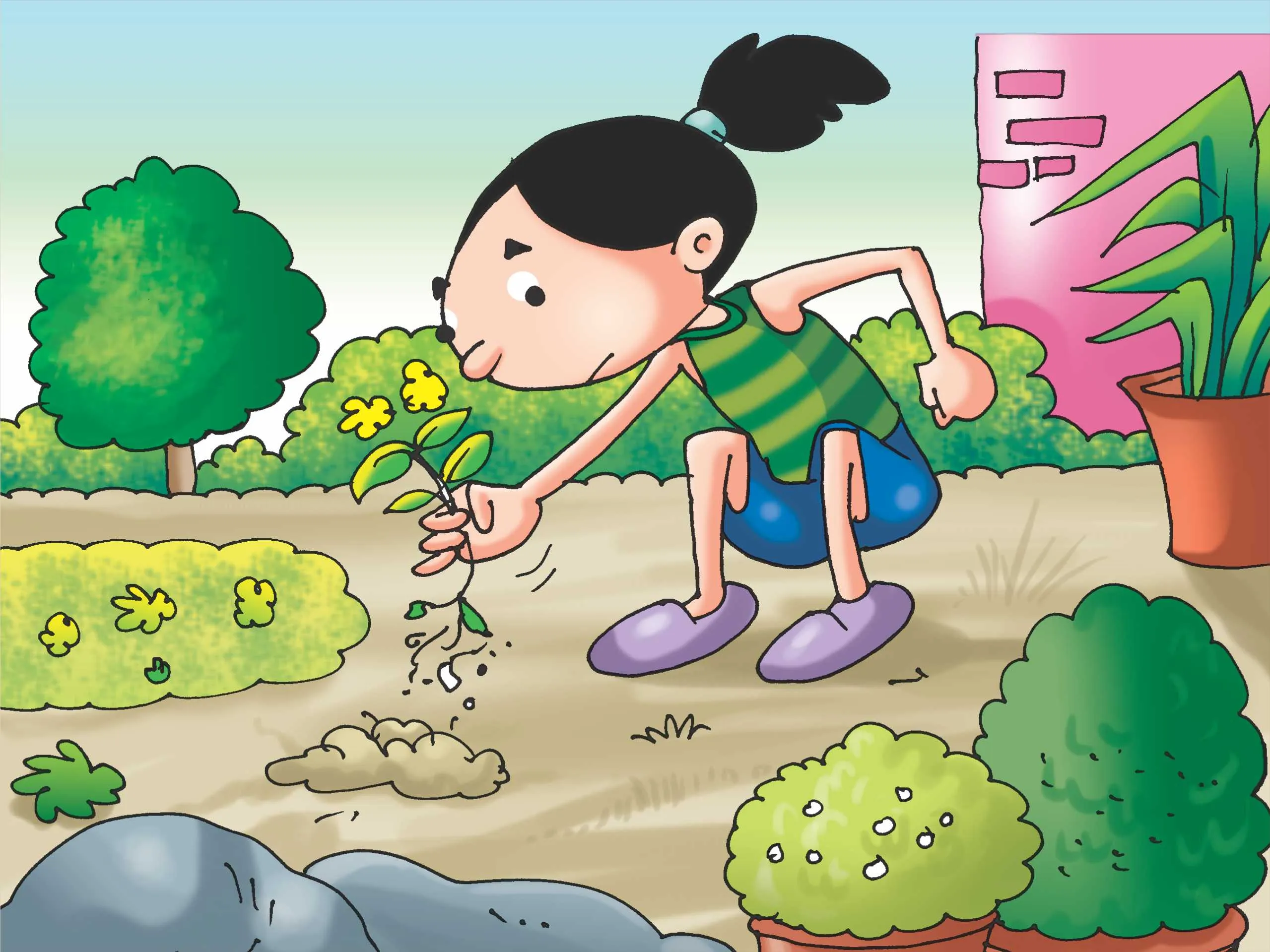Girl plucking the plant cartoon image