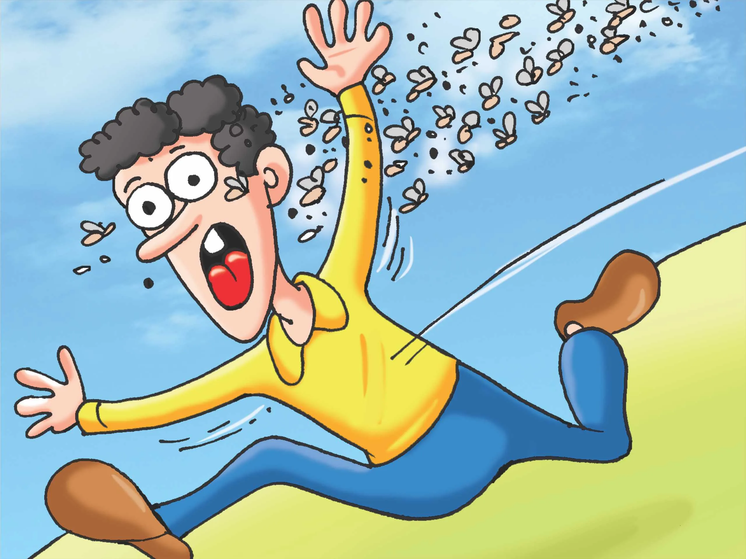 Boy Running away from honey bees cartoon image