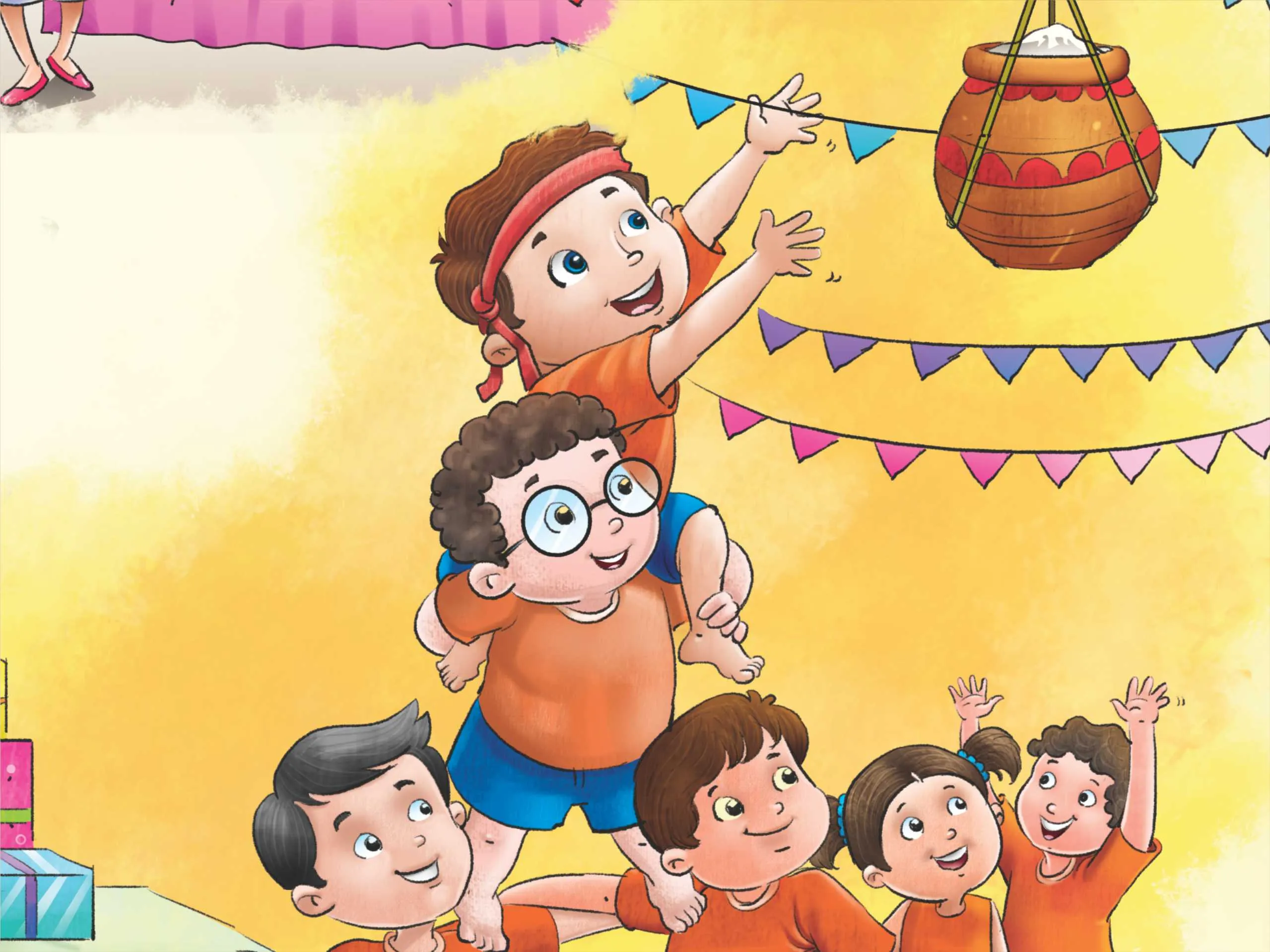 kids celebrating janmashtami cartoon image