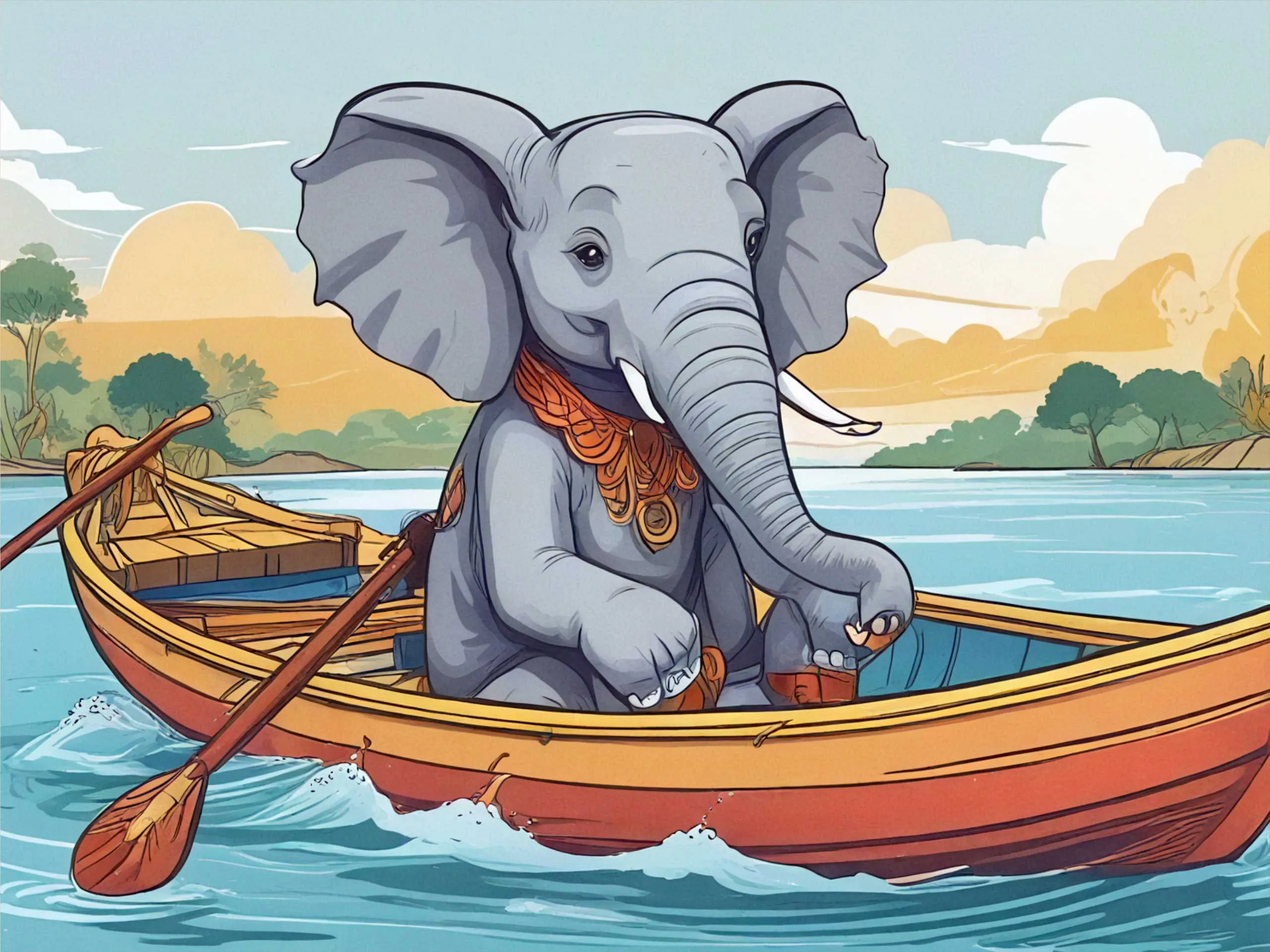 cartoon image of an Elephant rowing a boat