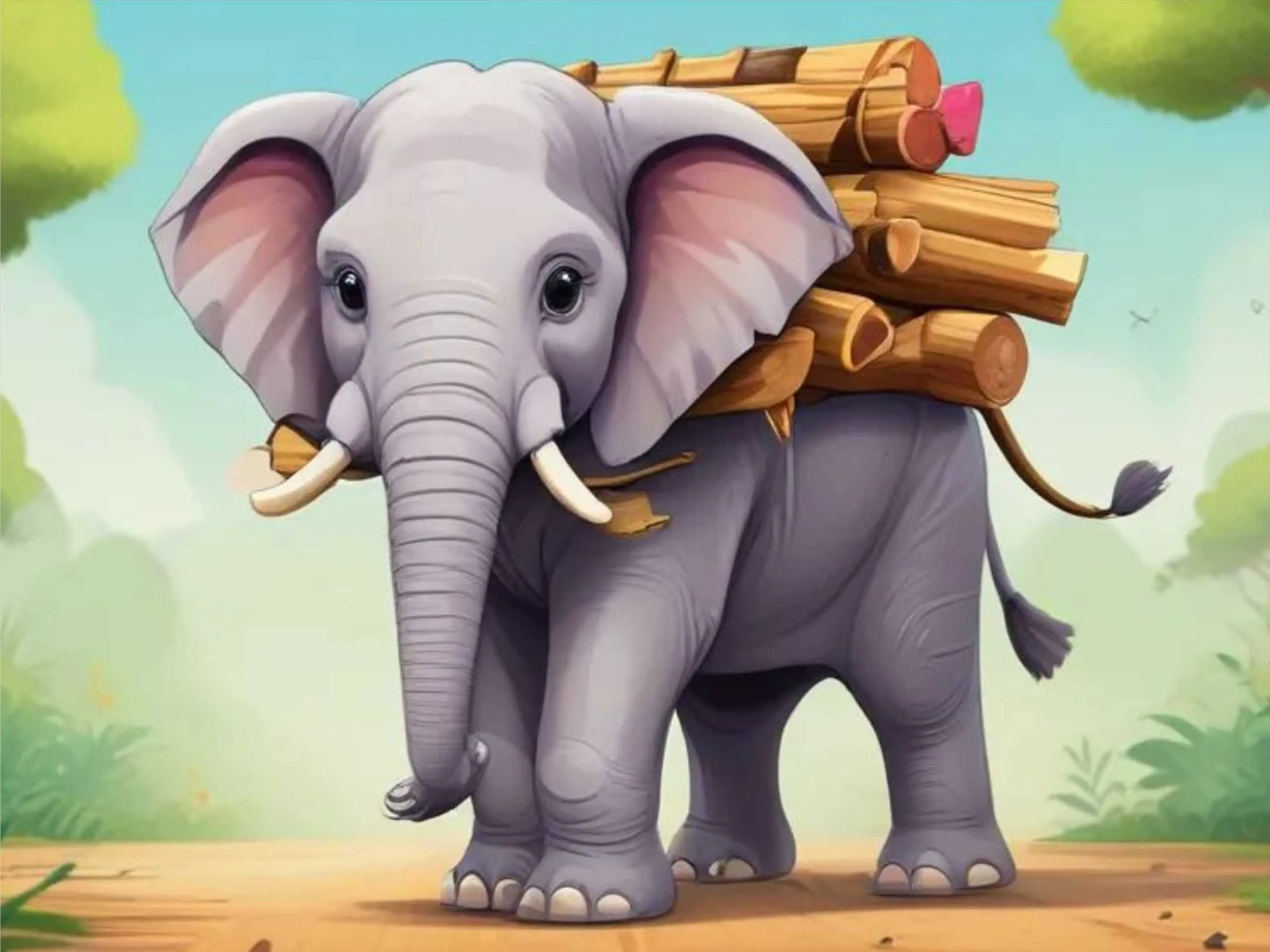 Cartoon image of an elephant carrying wooden logs