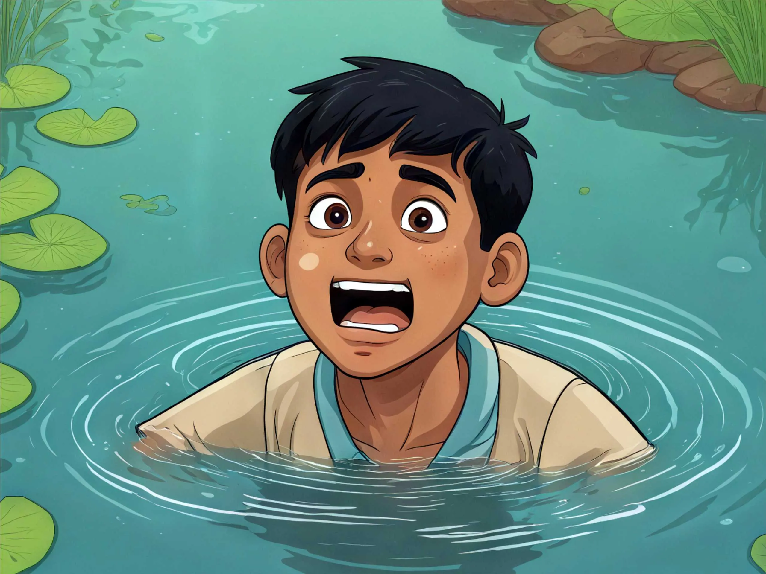 cartoon image of a school boy drowning in a pond