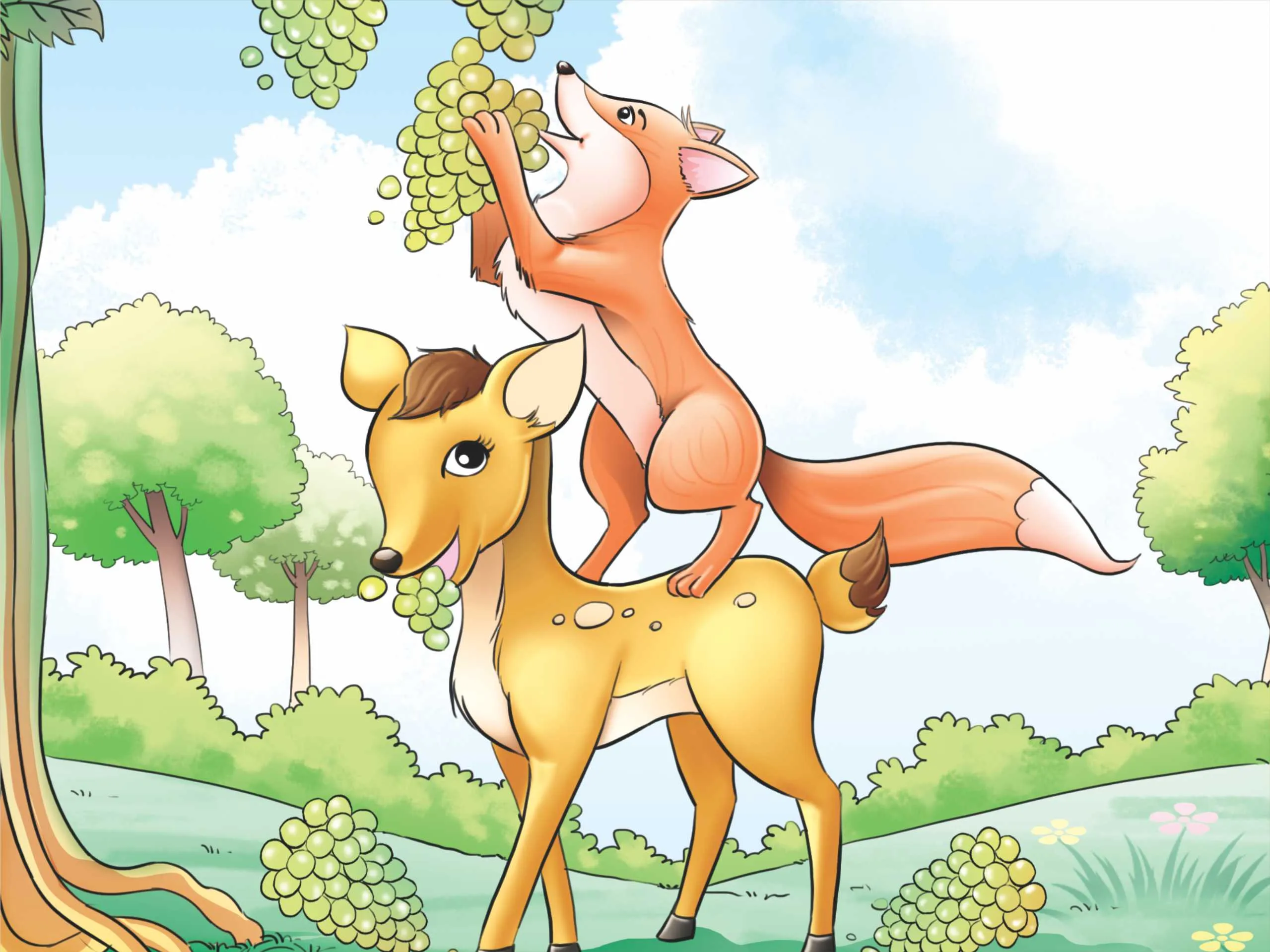 Fox with deer plucking grapes cartoon image