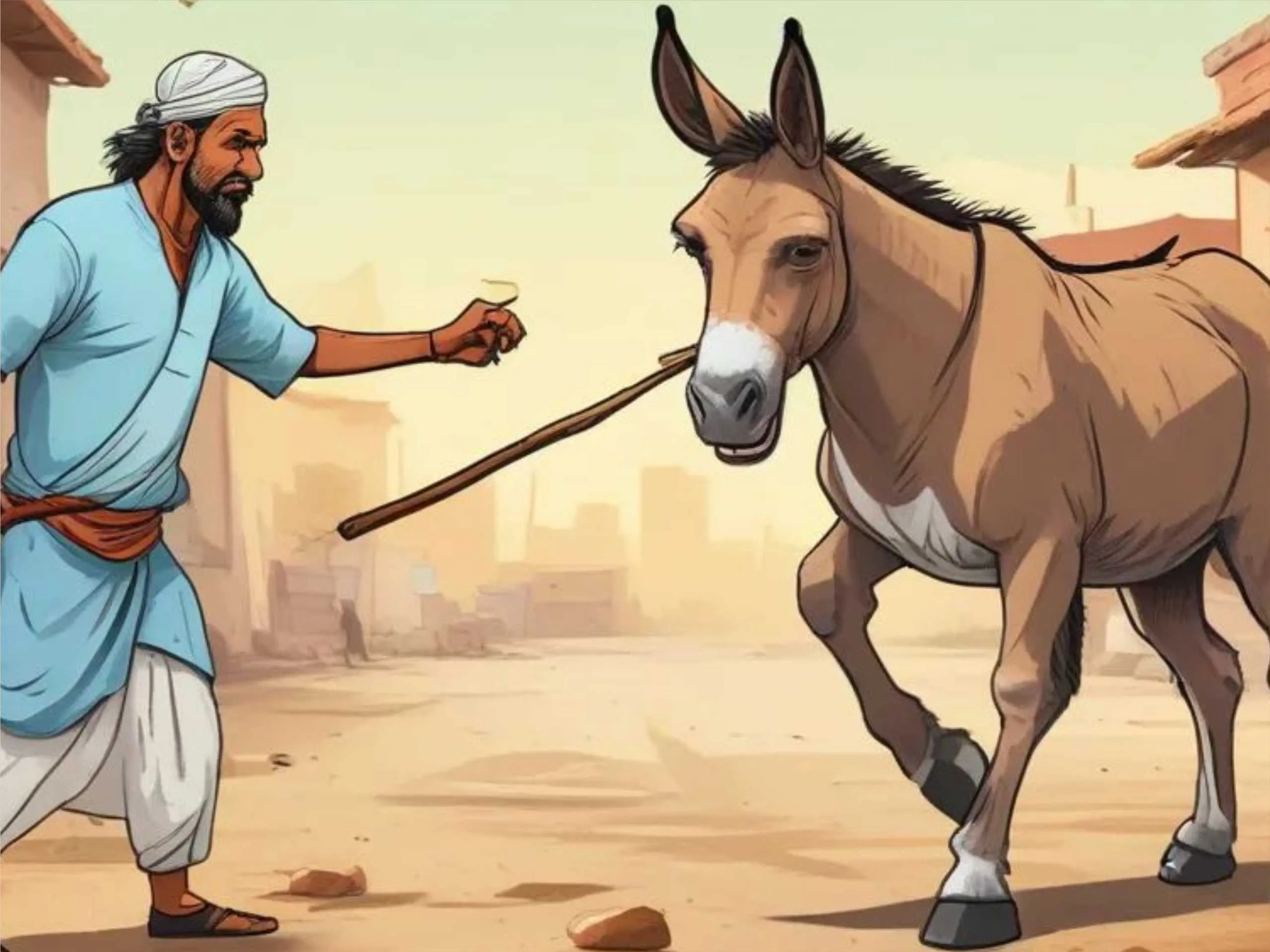 cartoon image of a man beating his donkey