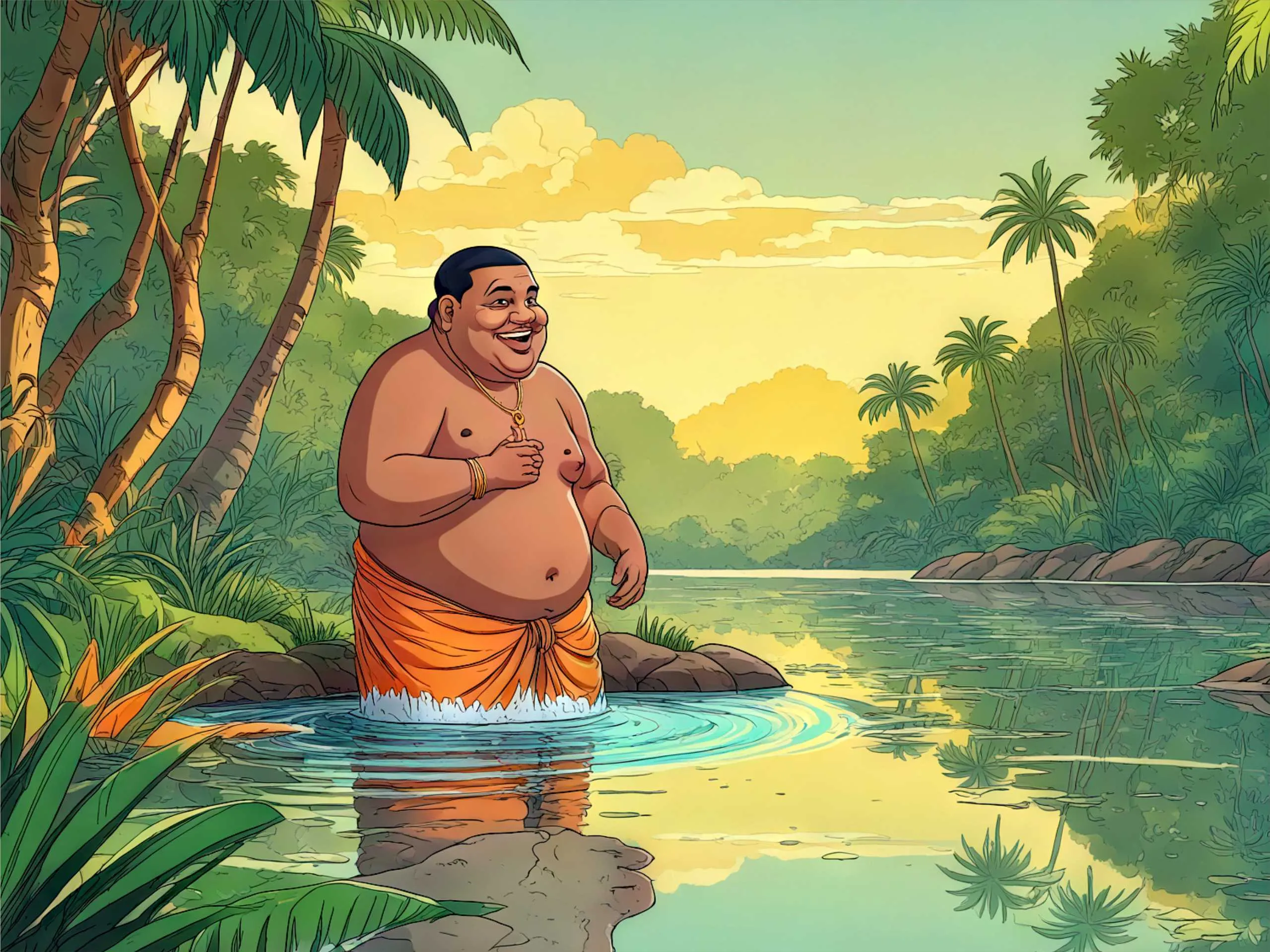 cartoon image of an Indian man taking dip in a pond