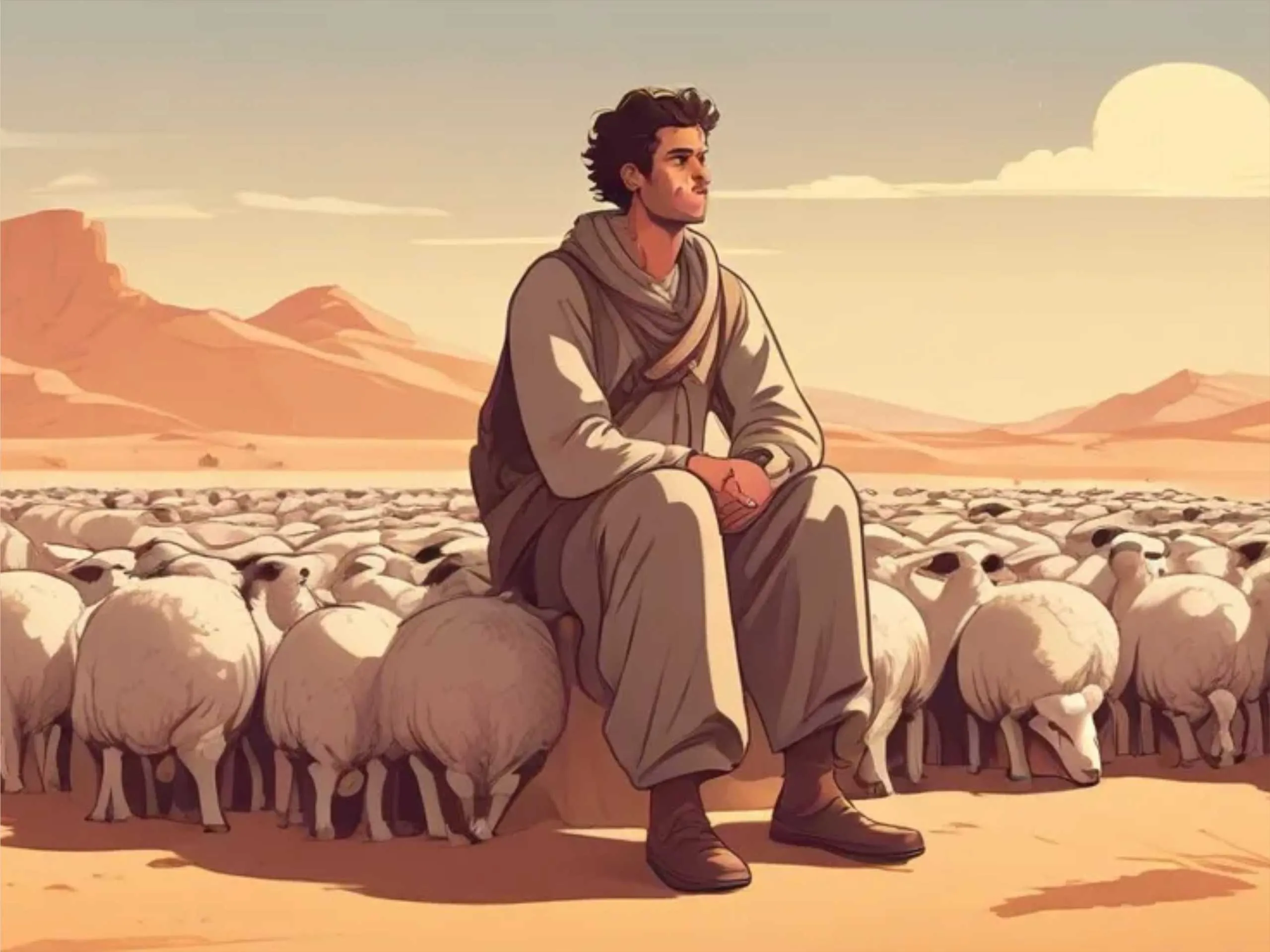 Shephered sitting in desert cartoon image