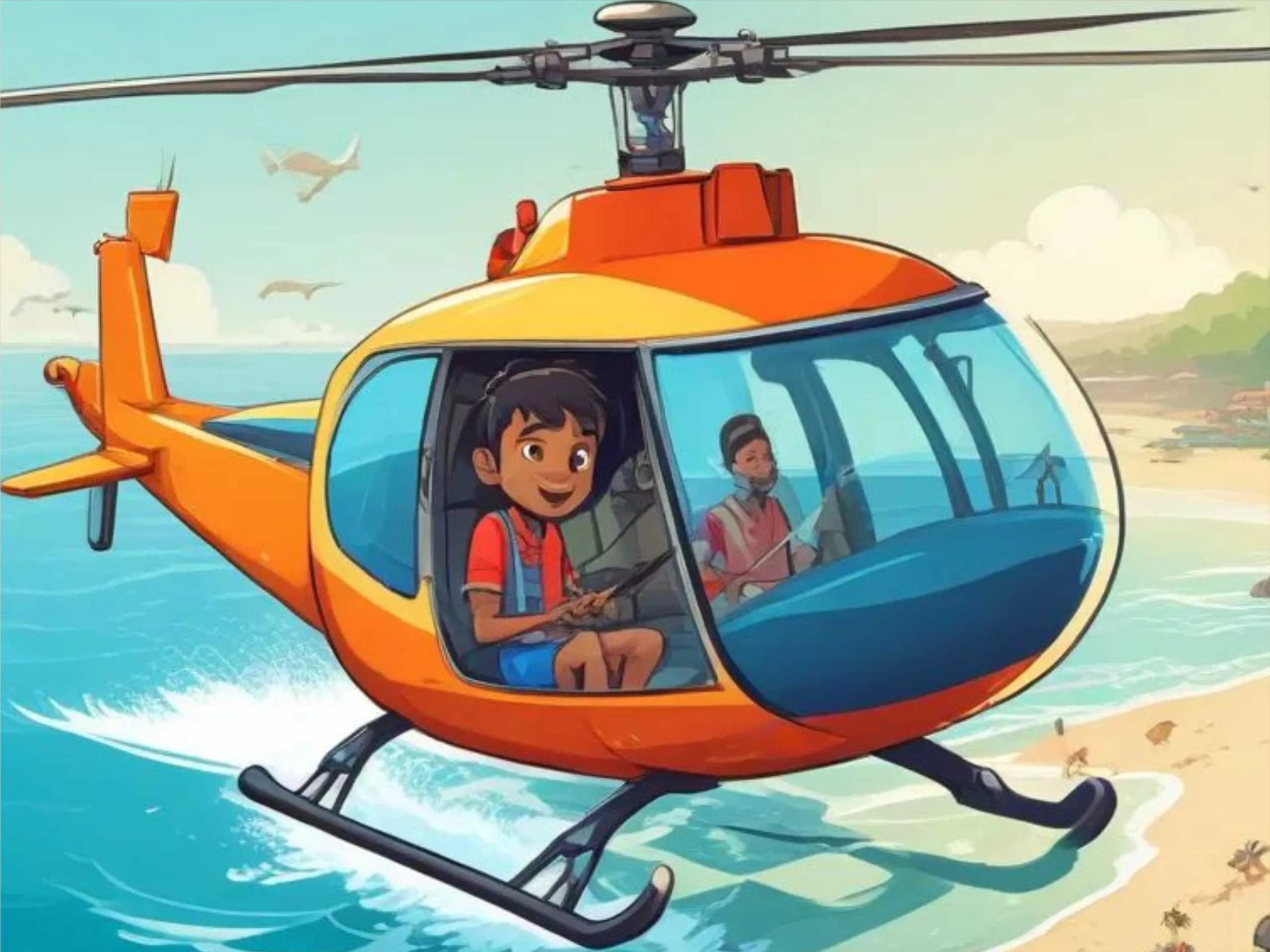 Cartoon image of a boy flying on helicopter