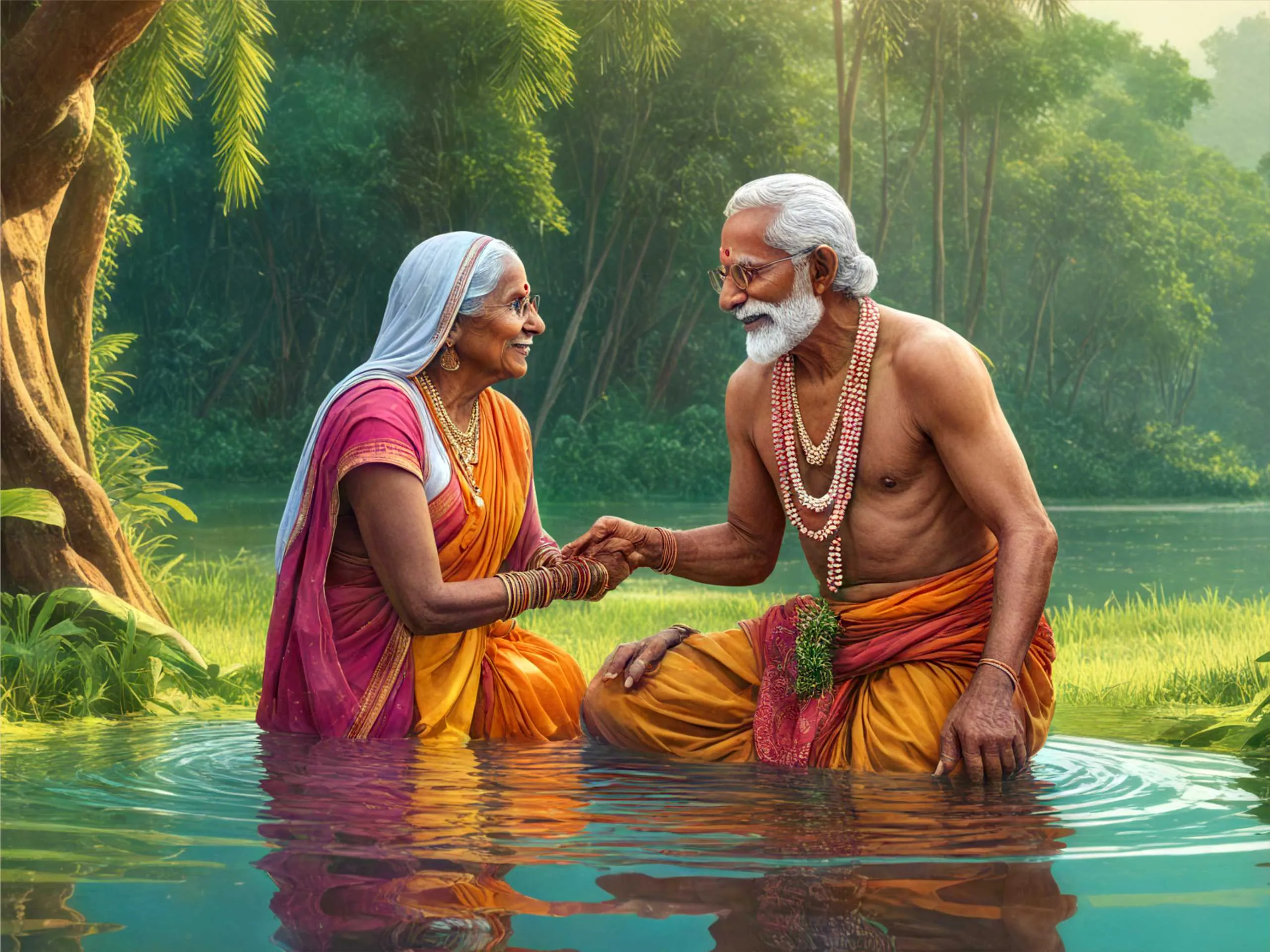 cartoon image of an Indian couple taking a dip in pond