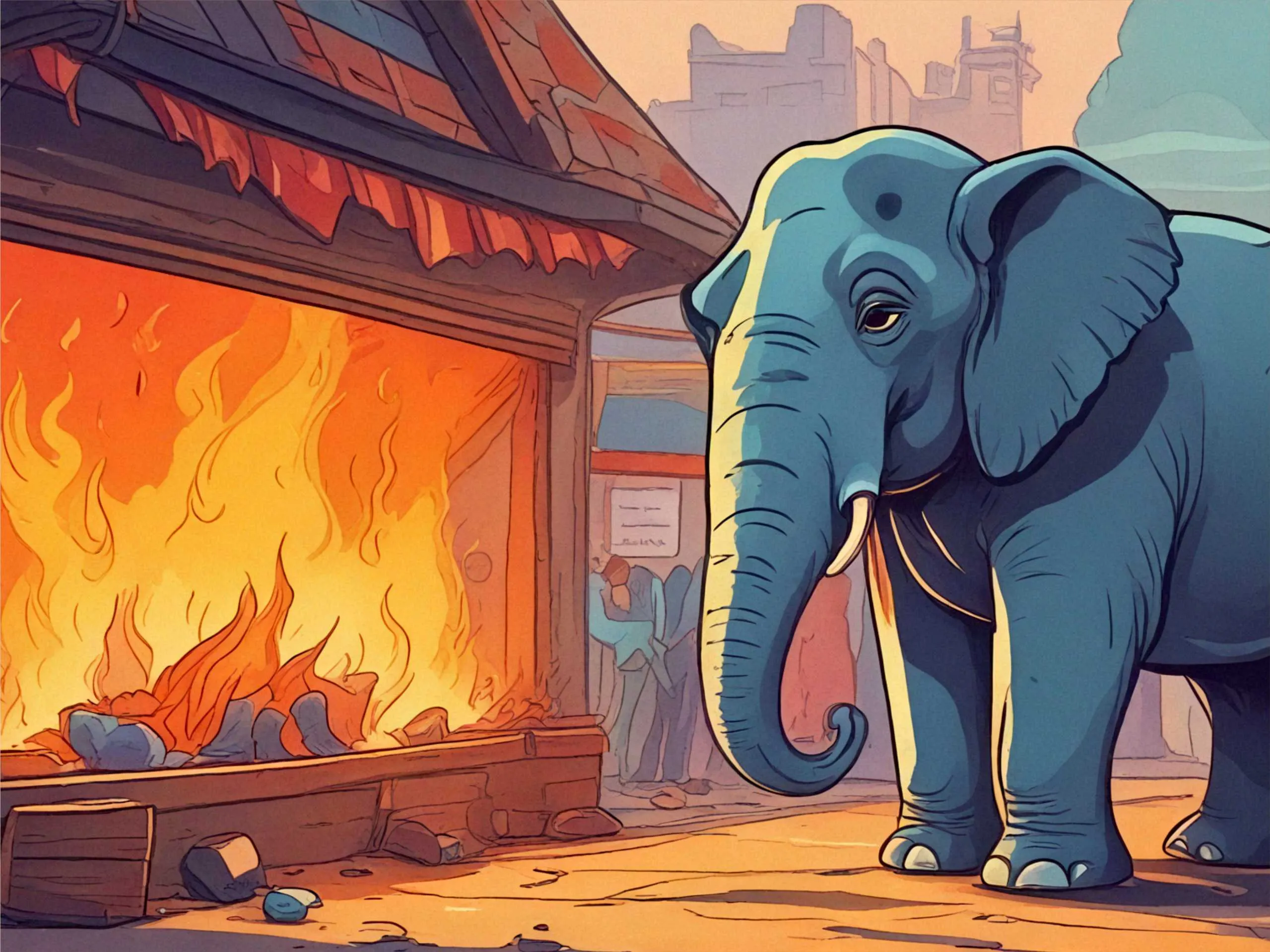 cartoon image an elephant watching a burning shop