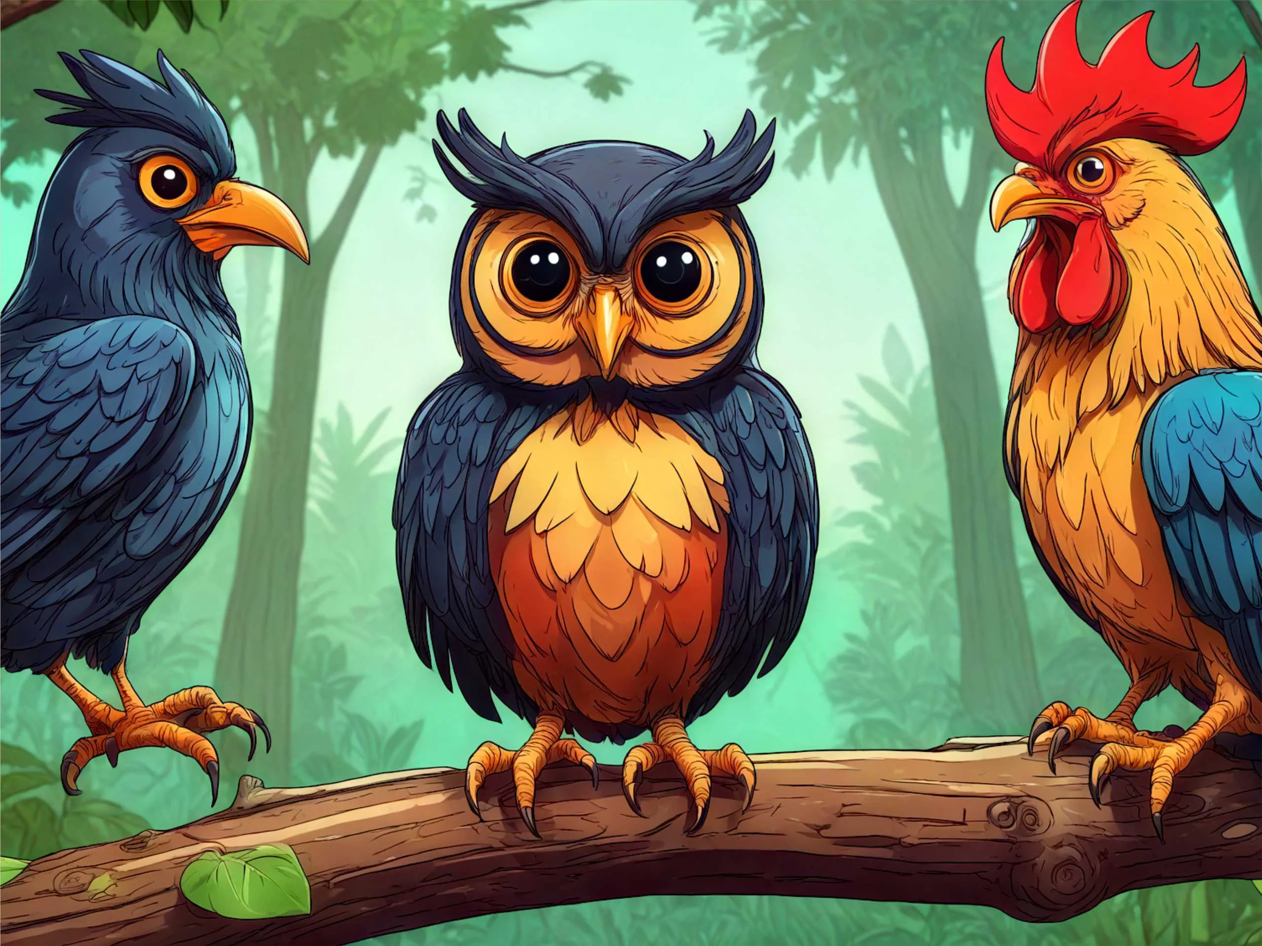 cartoon image of Owl, crow and rooster