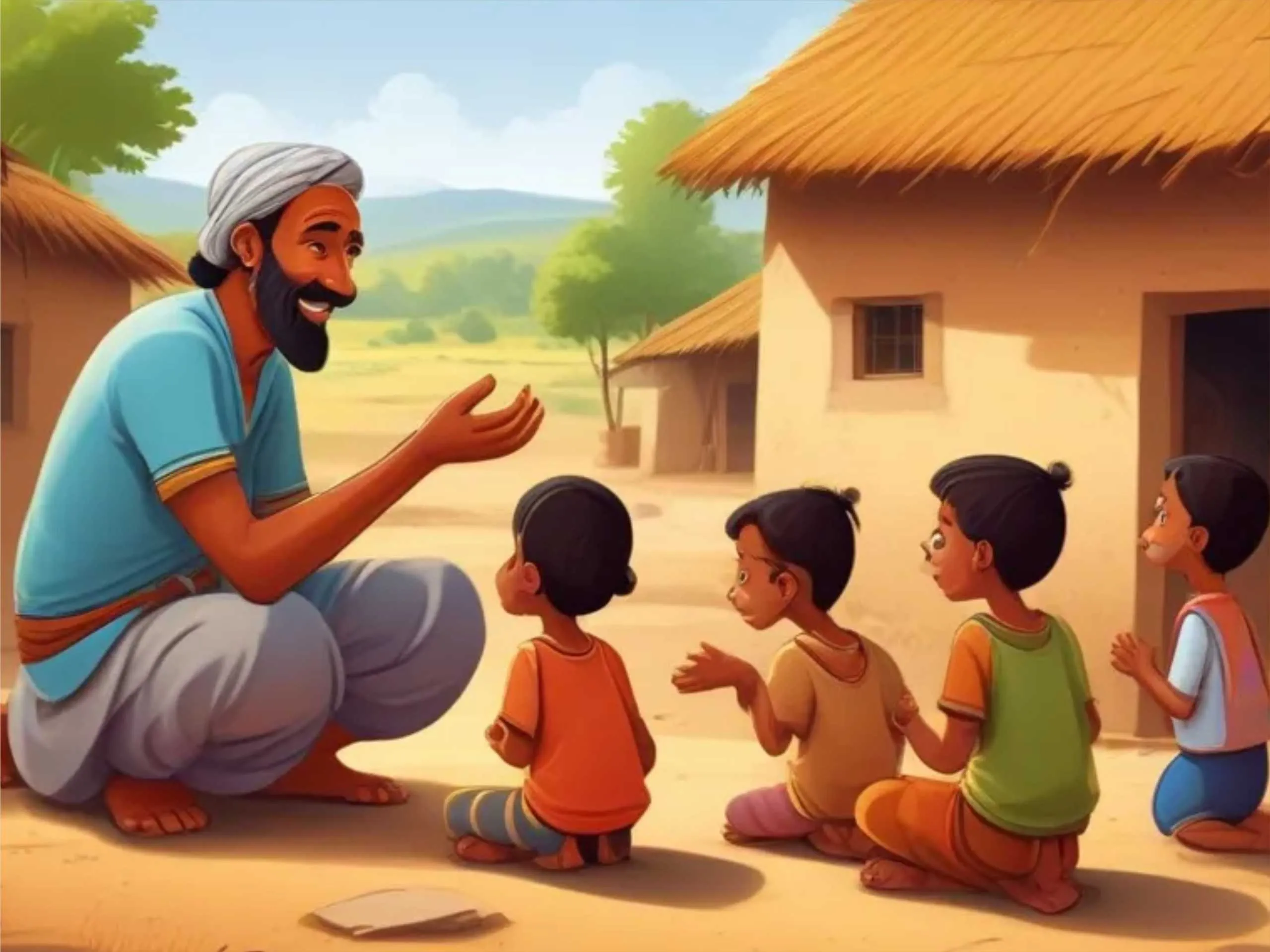 Farmer telling story to kids cartoon image