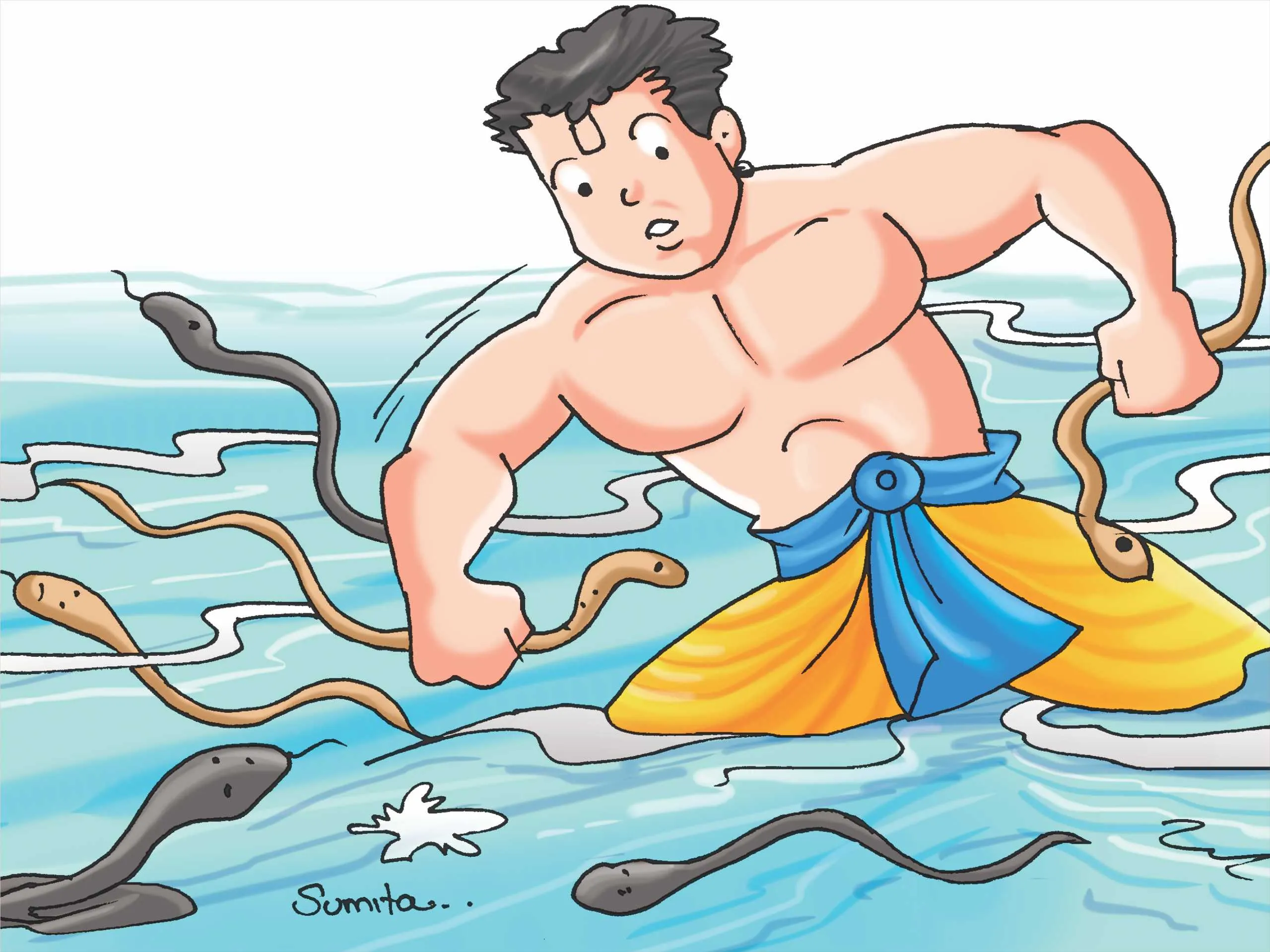 Bheem fighting with snakes in River Cartoon Image