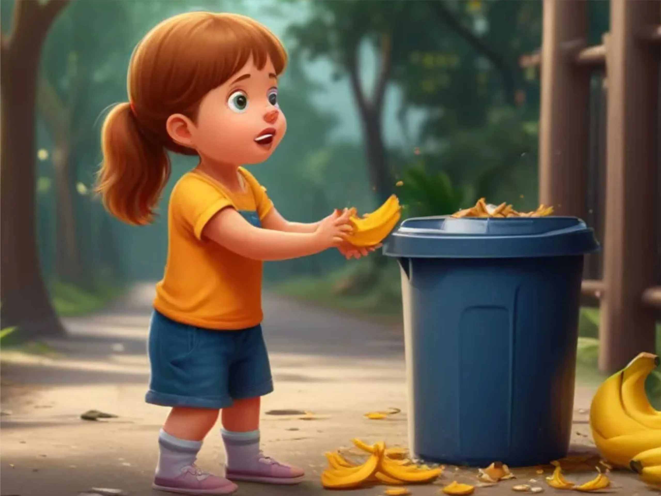 little girl cleaning the waste AI realistic cartoon image