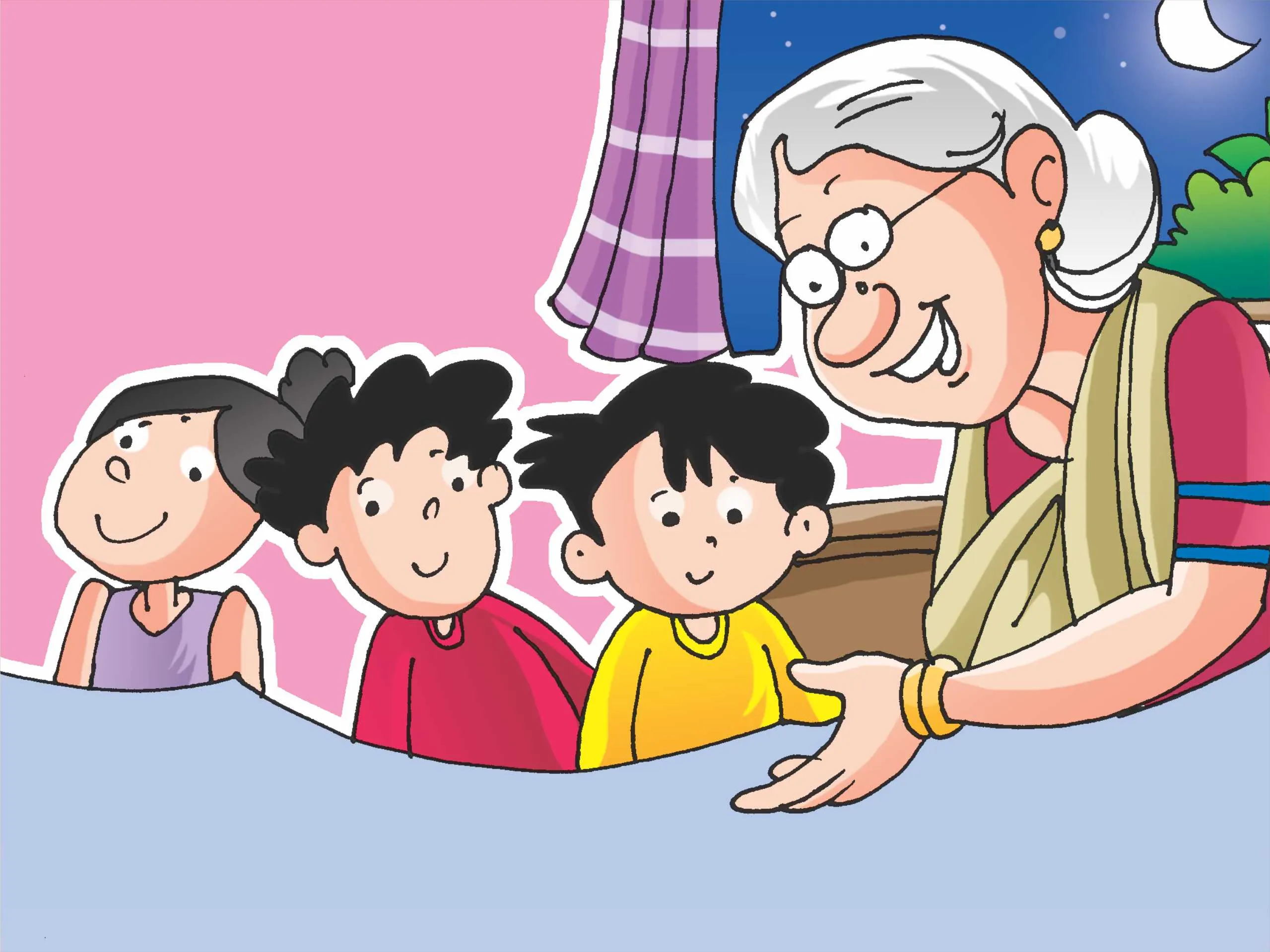 Grandmother with kids cartoon images