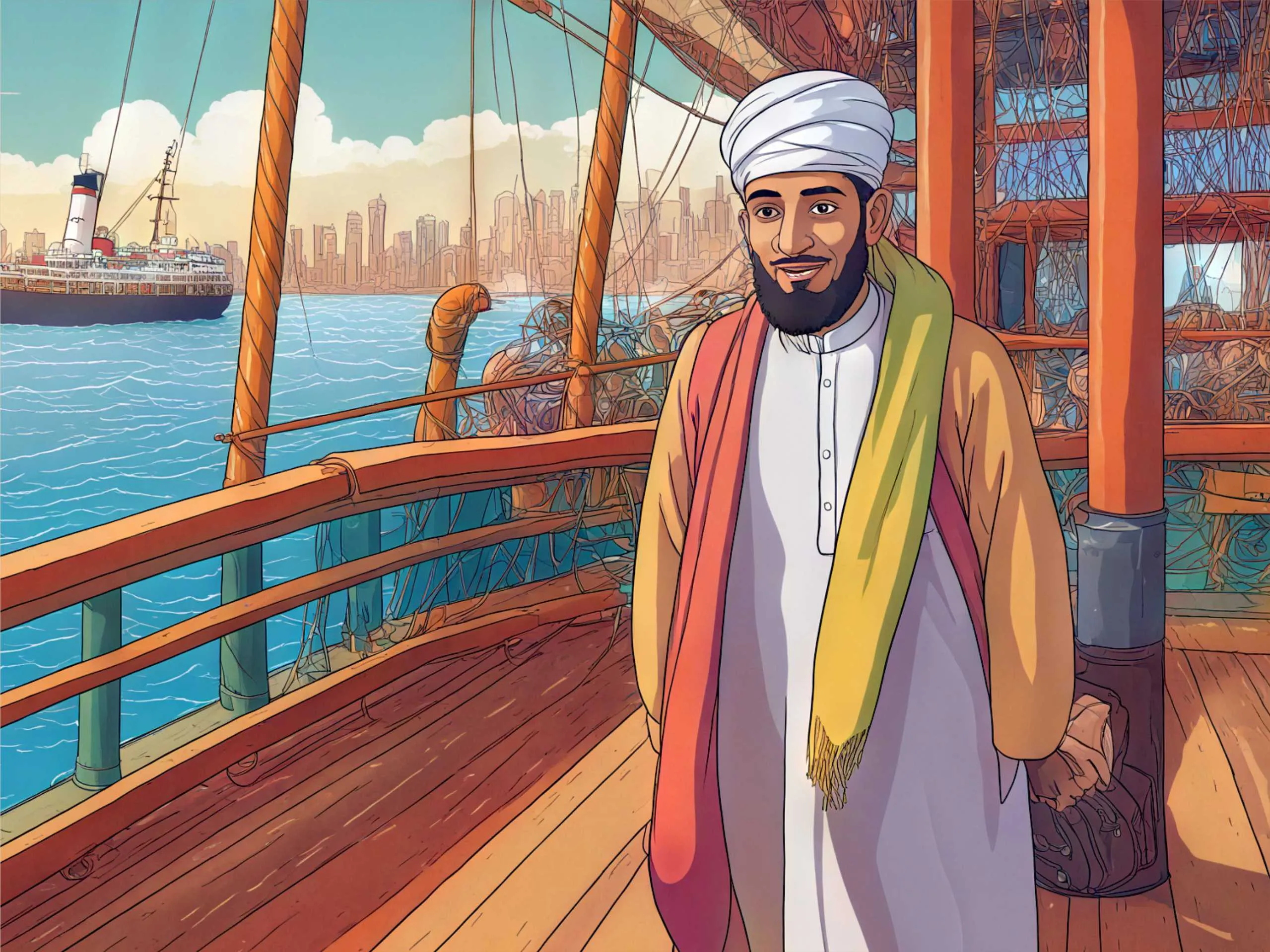 cartoon image of a man travelling on a ship