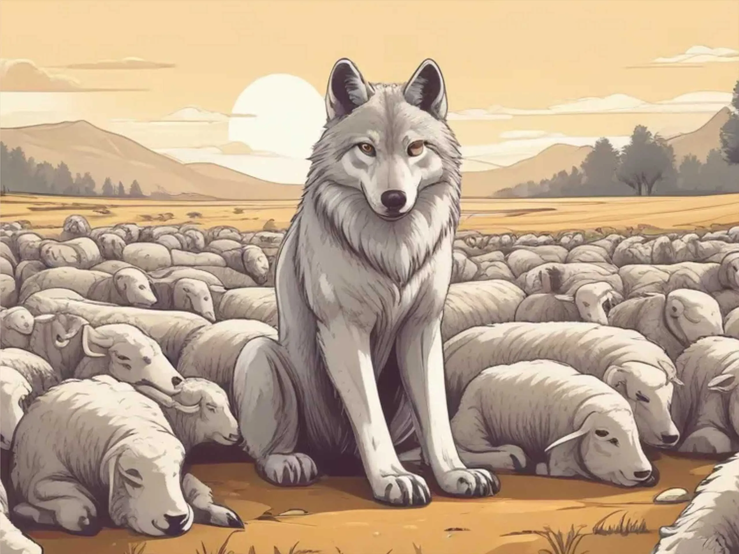 wolf in heard of sheep cartoon image