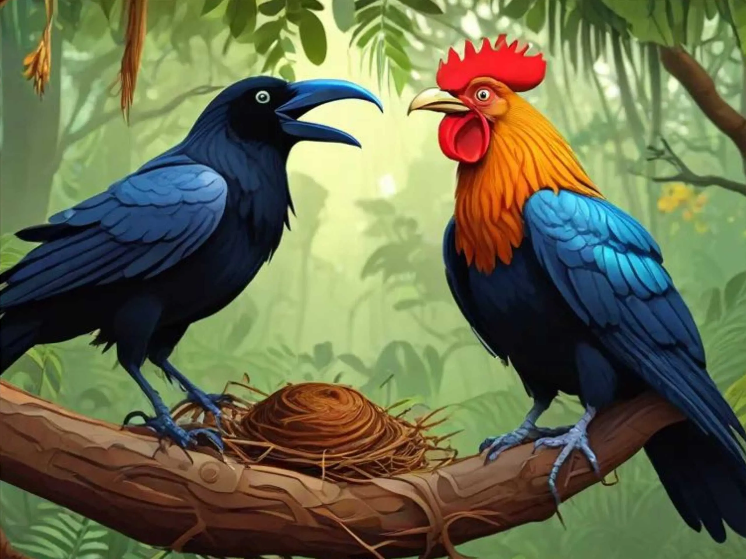 cartoon image of crow and rooster