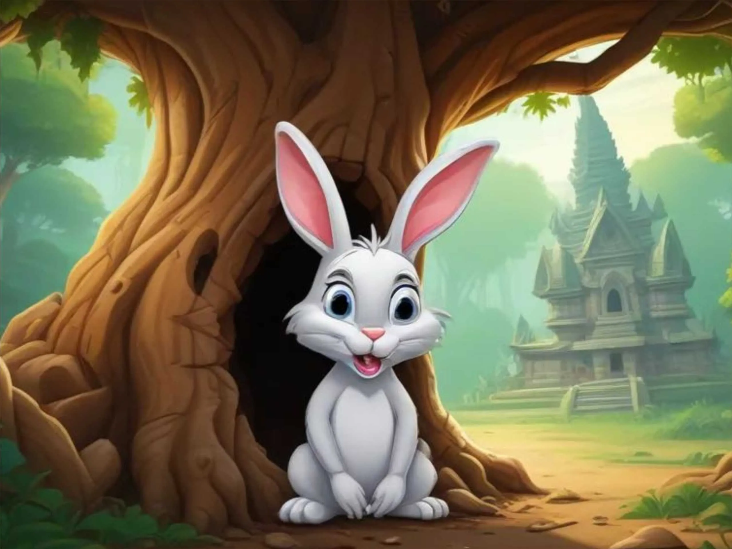cartoon image of a rabbit hiding in a hollow tree
