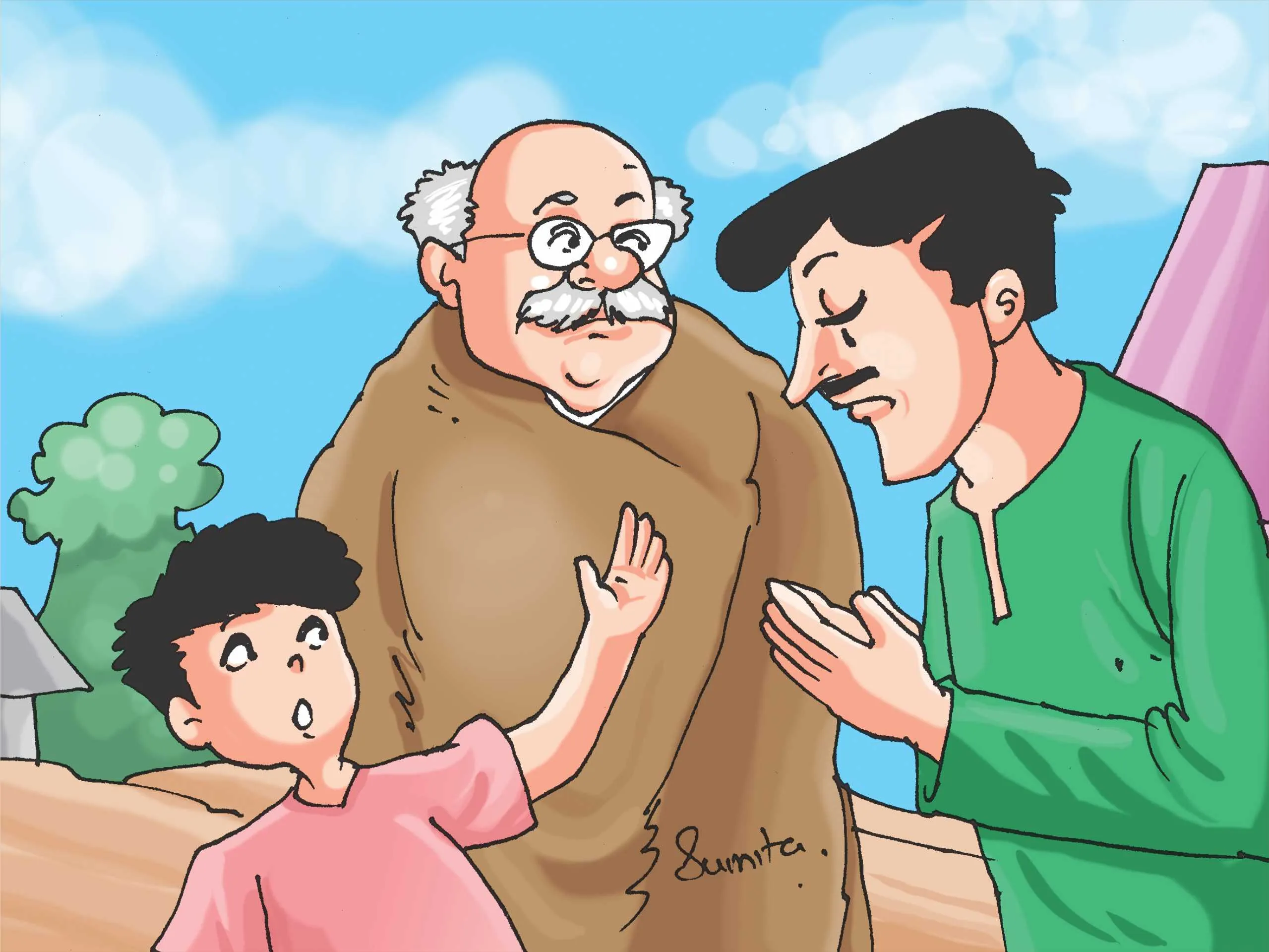 Man with his son and father cartoon  image