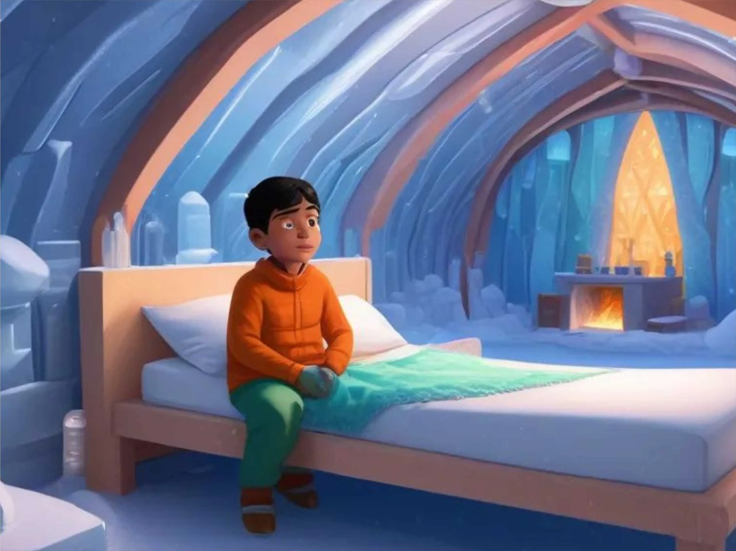 cartoon image of a boy sitting in an ice hotel