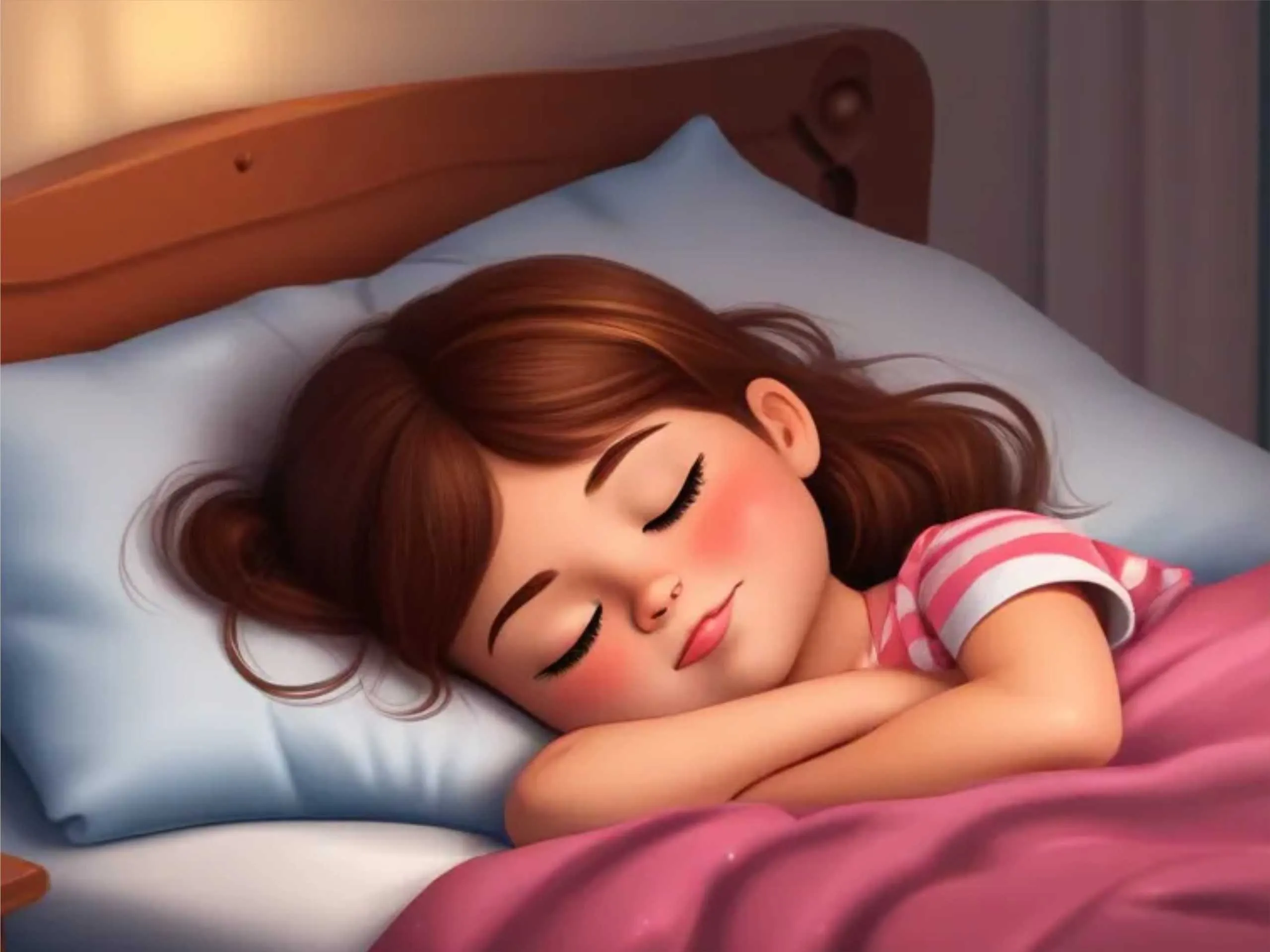 Little girl lying on bed realistic cartoon image