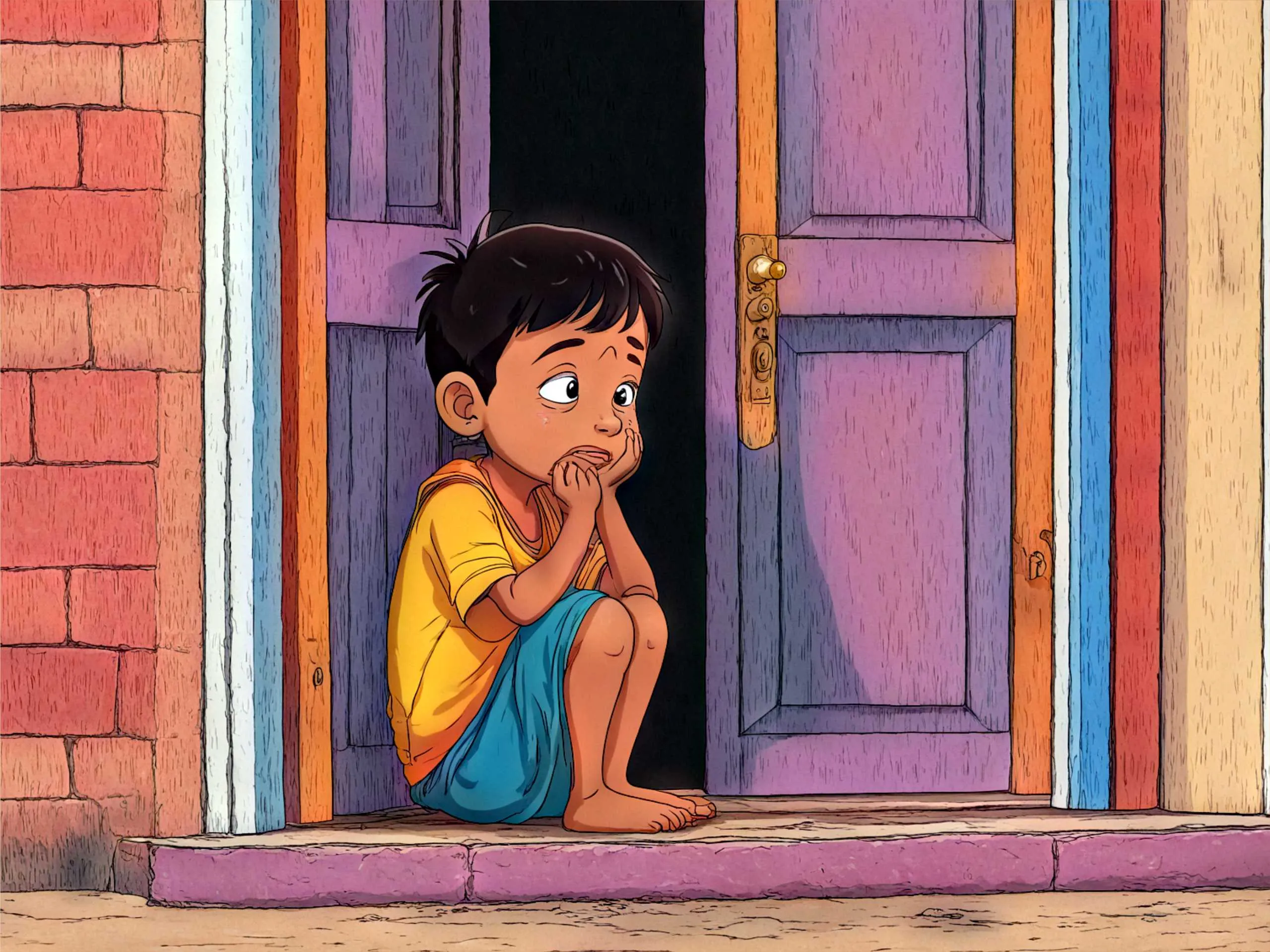 cartoon image of a kid sitting on the door and crying