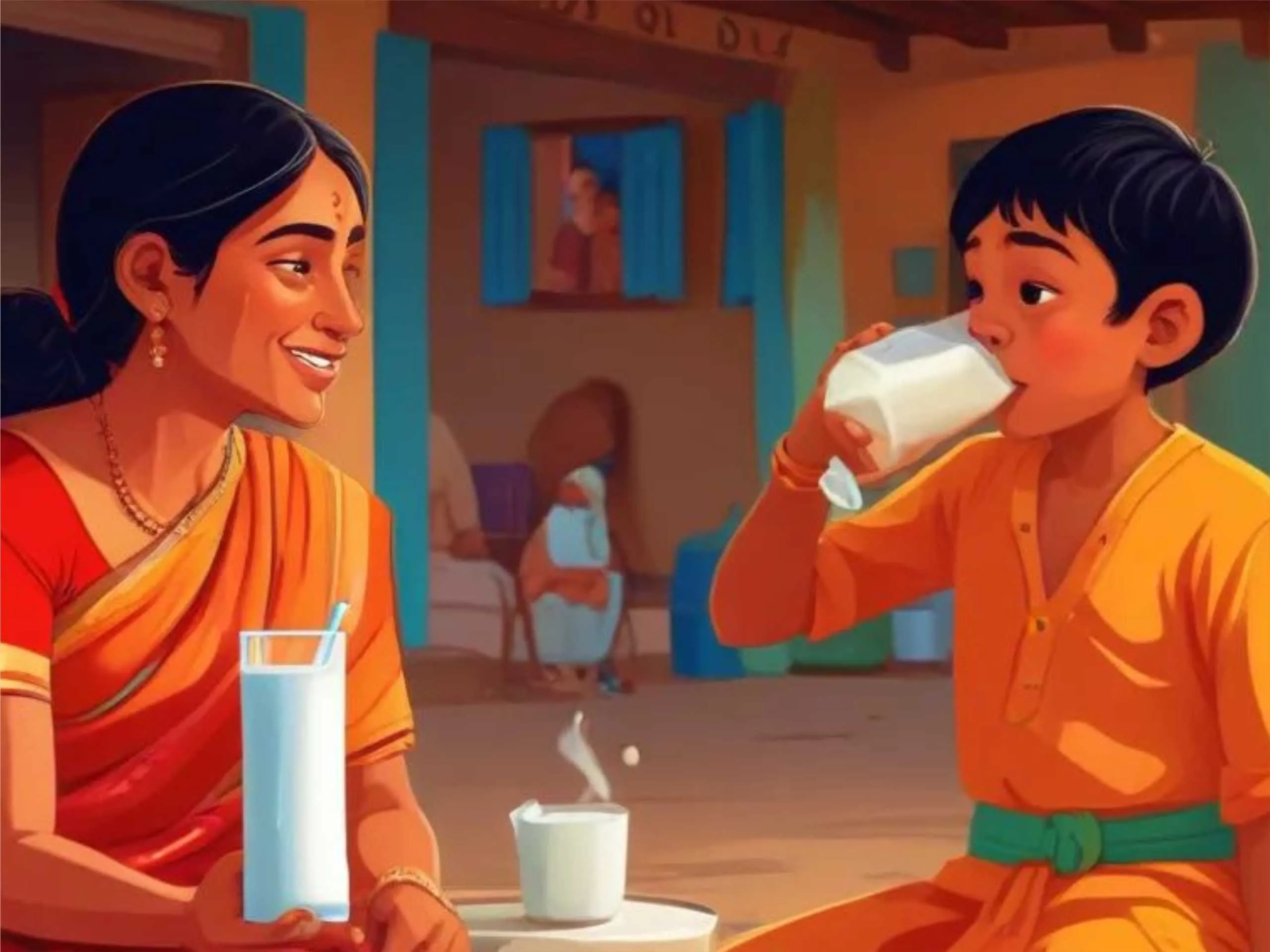 cartoon image of an Indian village boy with his mother