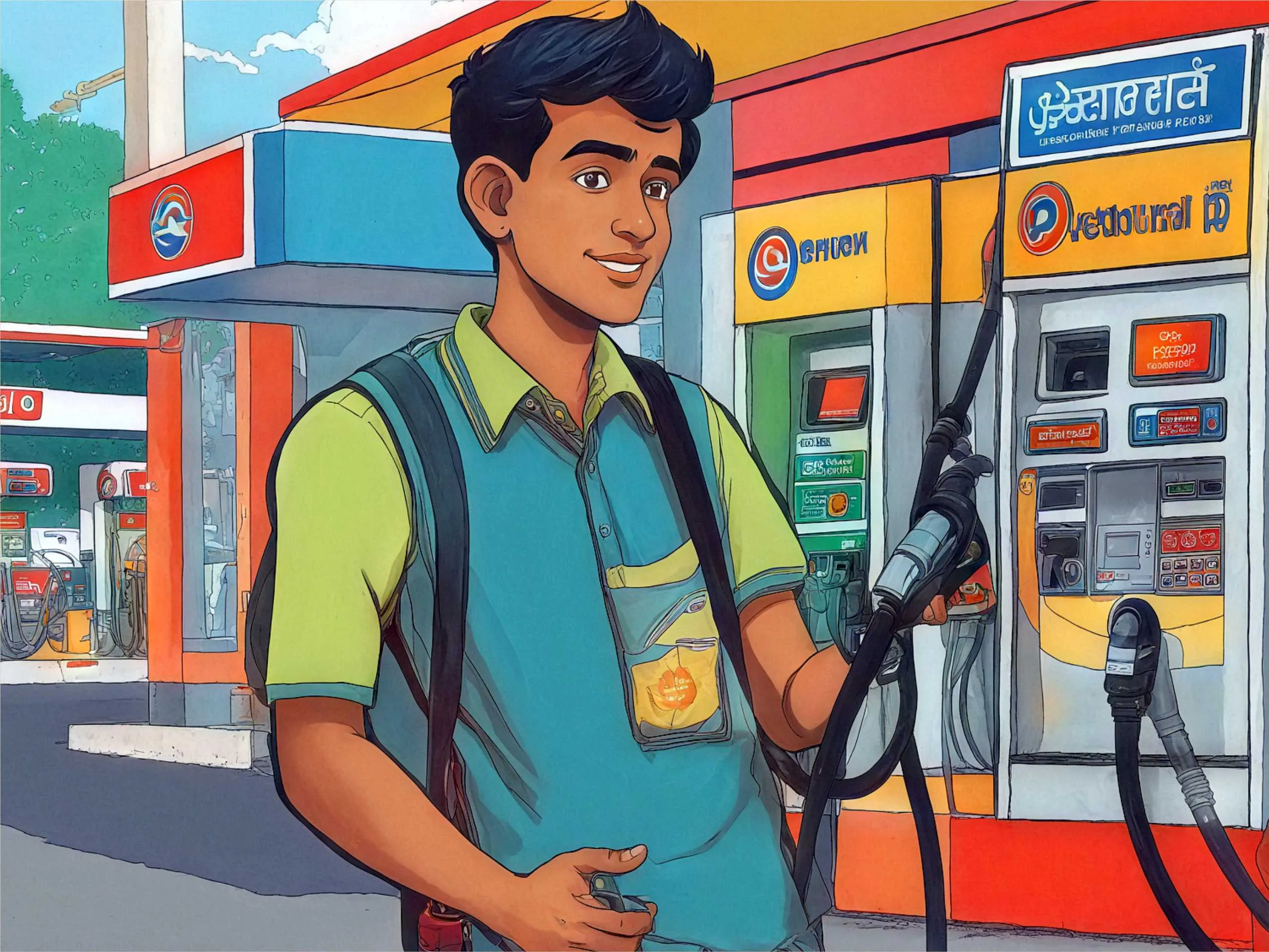 cartoon image of a boy working for petrol pump