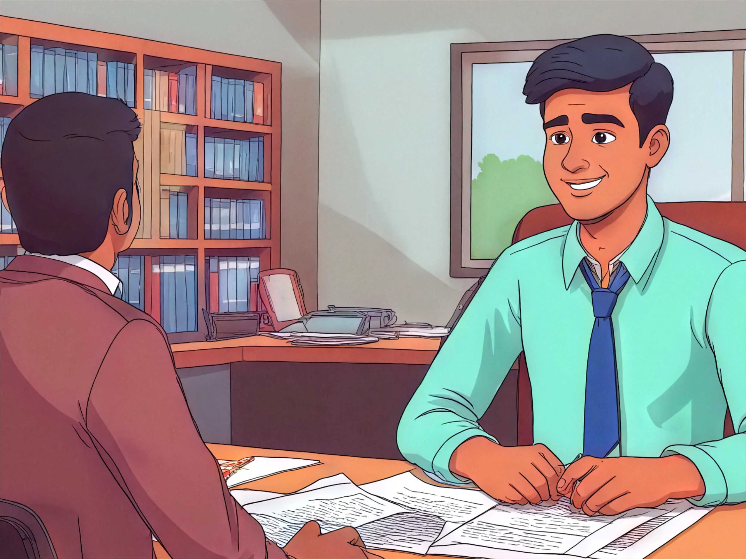 cartoon image of a man taking interview