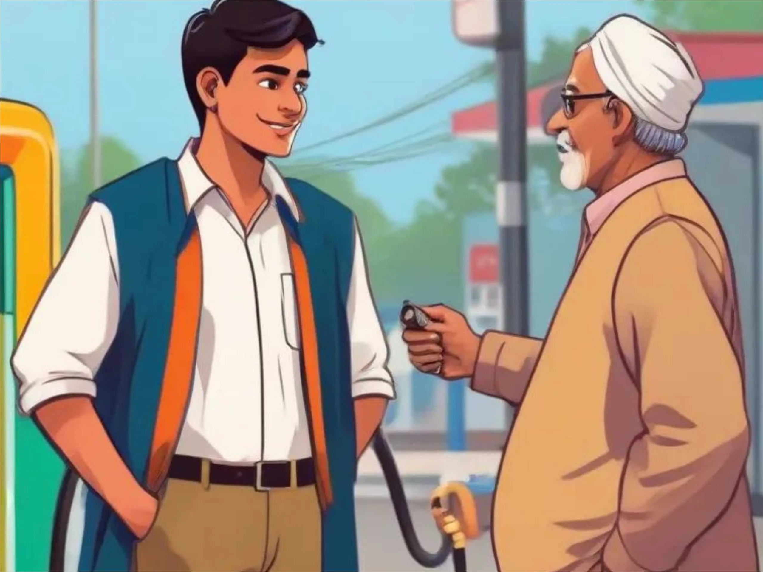 cartoon image of an old man talking to a young man