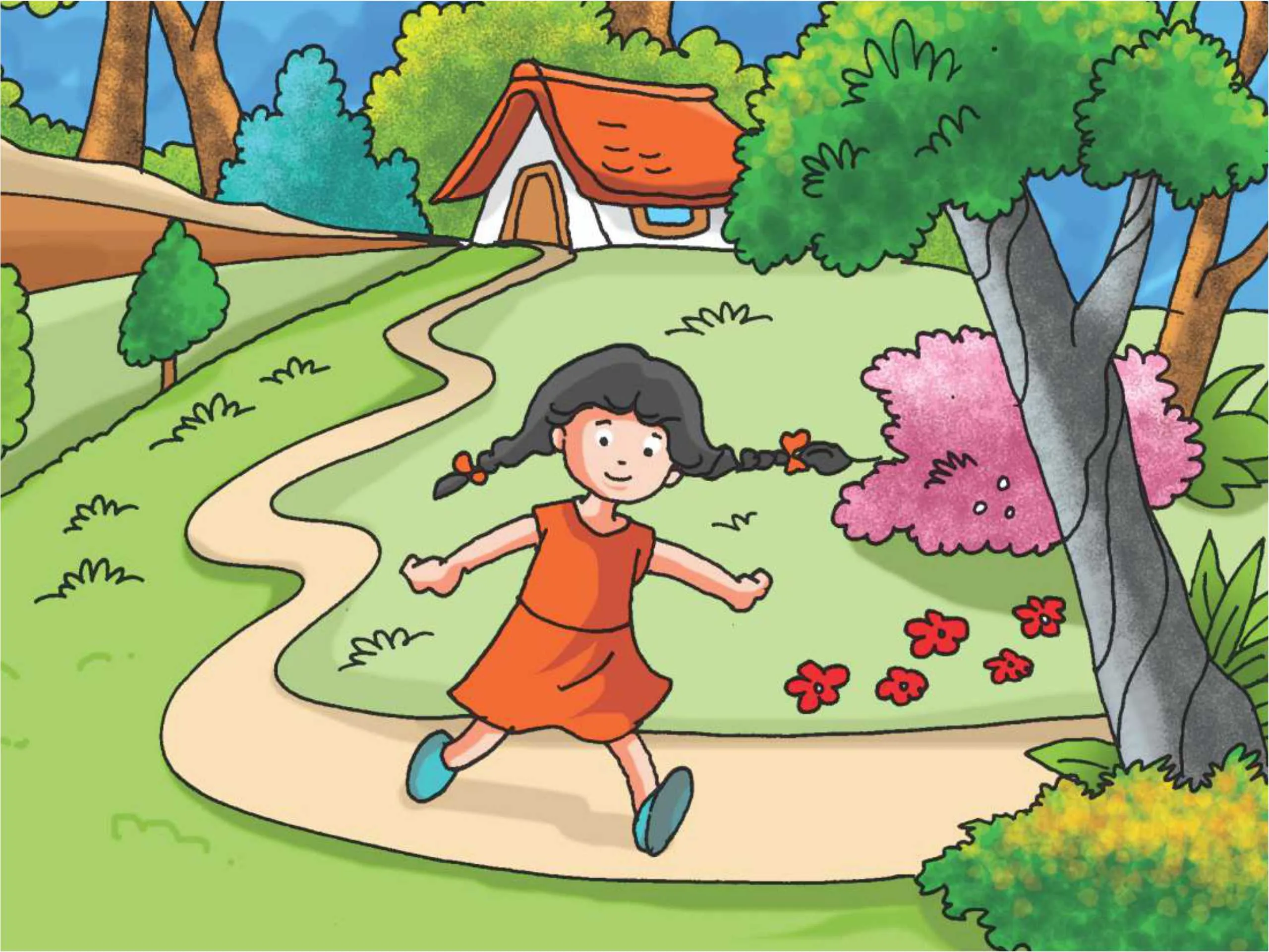 Little girl in garden cartoon image