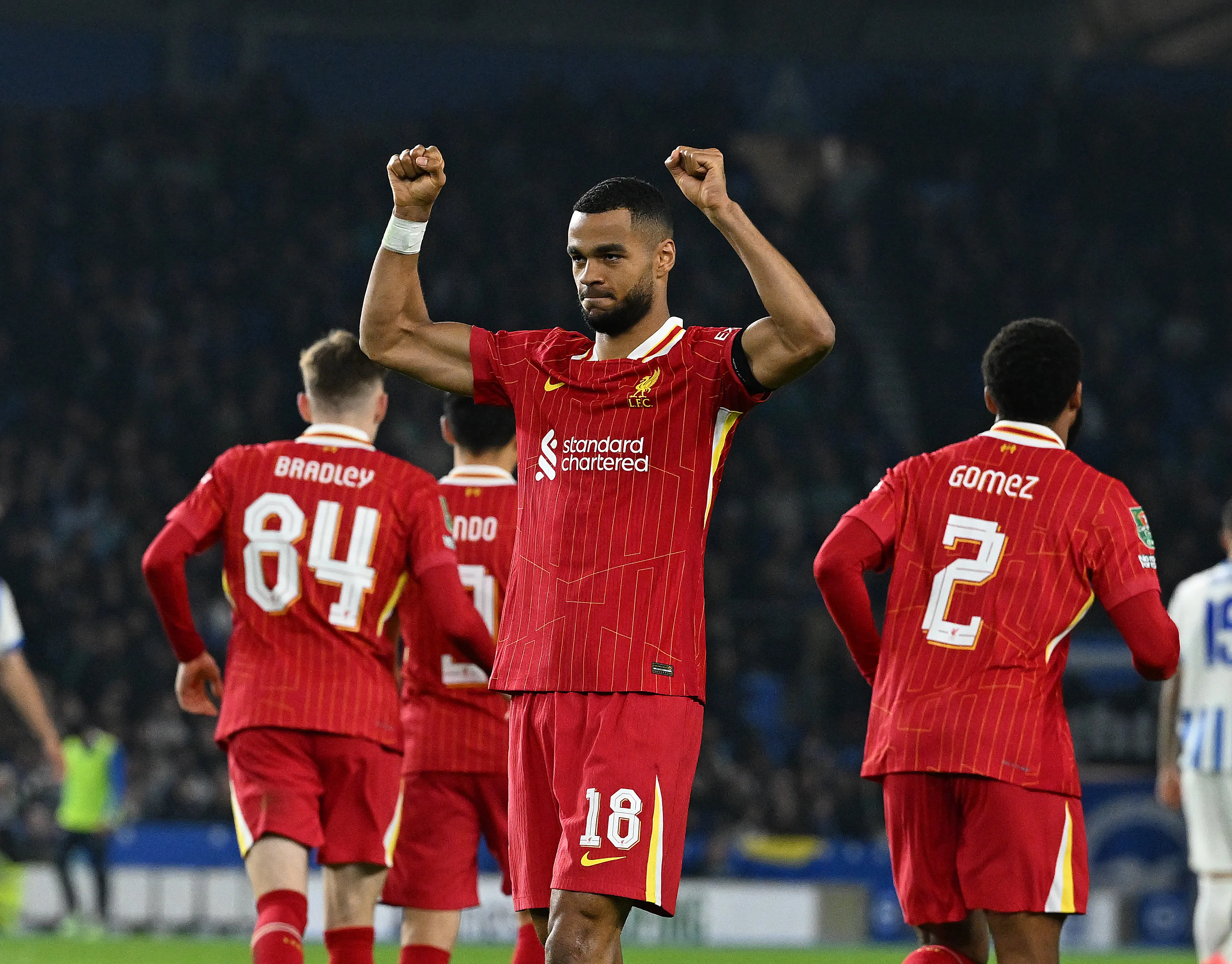 Liverpool's Cody Gakpo celebrate a goal looking at the fans- Sportz Point.com