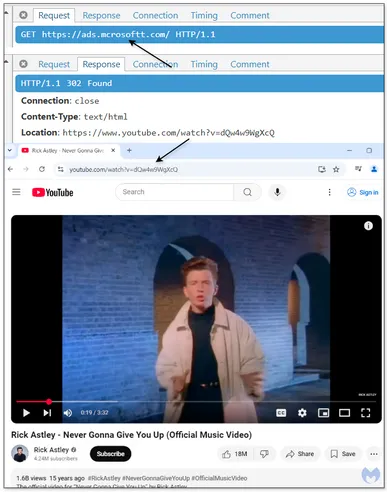 Figure 5: Rickroll redirect