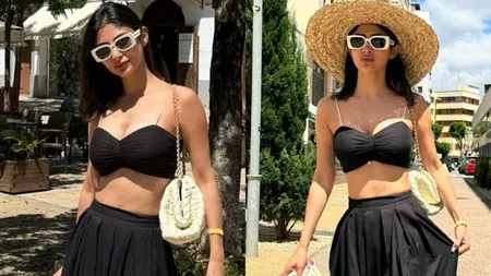 Mouni Roy in monochromatic skirt-bralette outfit on her Spain vacation