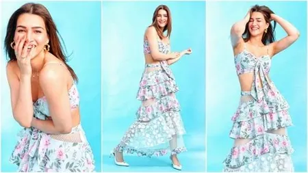 Kriti Sanon in a stylish printed bralette top and frill skirt ensemble