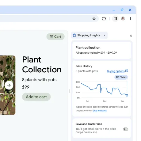 A side panel titled “shopping insights” opens next to a page with a plant collection for sale. The panel shows a graph with the price history of that plant collection, as well as a toggle to save and track the price.