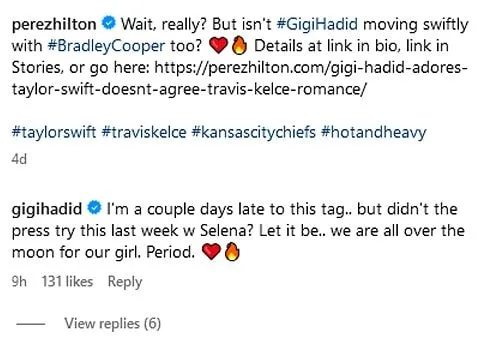 Gigi has reacted to a now-deleted Instagram post shared by Perez Hilton.