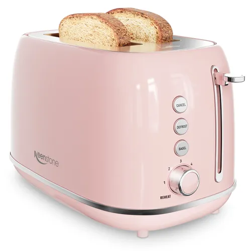 Keenstone Toaster, Cute 2 Slice Stainless Steel Toaster with Cancel, Defrost Fuction for Bread, Bagel, Wide Slots Revolution Toasters, Kitchen Appliances, Apartment Essentials Must Haves - Pink