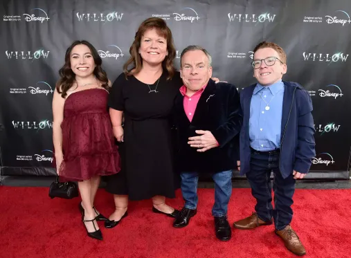 HOLLYWOOD, CALIFORNIA - NOVEMBER 28: (L-R) Annabelle Davis, Samantha Davis, Warwick Davis, and Harrison Davis attend a special influencer screening of Willow at The Magic Castle in Hollywood, California on November 28, 2022. (Photo by Alberto E. Rodriguez/Getty Images for Disney)