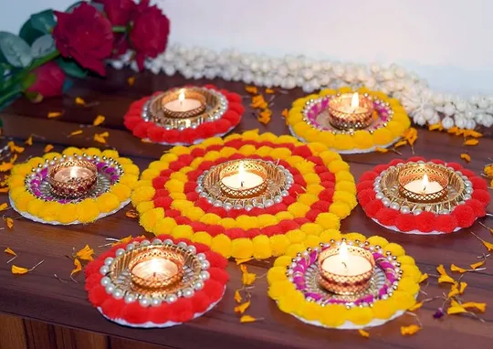 Buy Beautiful Decorative Flower Rangoli for Diwali Decoration with Tea  Light diyas (Red & Yellow) (Design-7) Online at Low Prices in India -  Amazon.in