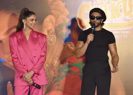 Actors Ranveer Singh, Deepika Padukone and filmmaker Rohit Shetty poses during first song launch 'Current laga re' for their upcoming film Cirkus in Mumbai on Thursday
