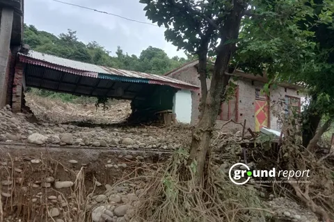 Collapsed homes in Doonga village following the cloudburst that hit on August 6, leaving many families homeless and struggling to rebuild.