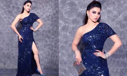 Urvashi Rautela ने 3 लाख रुपये की इस Blue Shimmery Dress में फ्लौन्ट किये अपने लेग्स