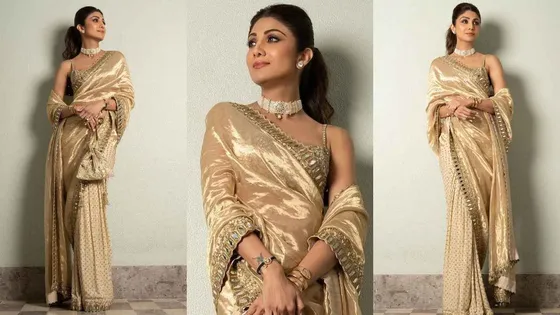 Shilpa Shetty looks stunning in Arpita Mehta's gold saree at Rakul and Jackky Bhagnani's wedding
