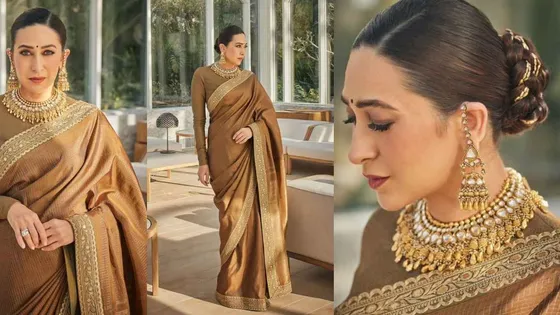 Karishma Kapoor wows in a brown silk saree with gold embroidery at Anant Ambani's pre-wedding bash